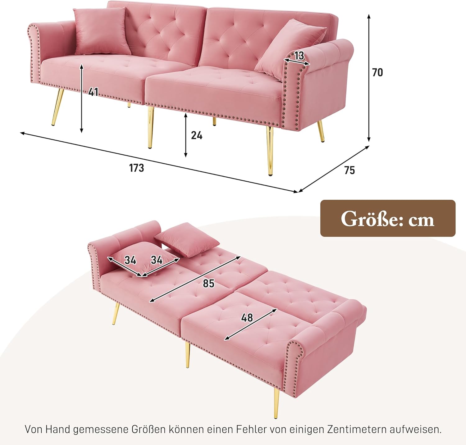 Merax 2-Sitzer-Schlafsofa, 173x75x70 cm, aus Samt, mit 3-stufig Verstellbarer Doppel-Rückenlehne, vergoldeten Metallfüßen, ergonomischer Polsterung, platzsparendes Sofa für kleine Räume, Rosa — Ansicht 2