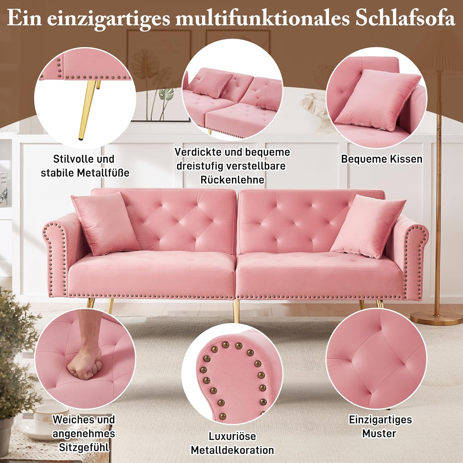 Merax 2-Sitzer-Schlafsofa, 173x75x70 cm, aus Samt, mit 3-stufig Verstellbarer Doppel-Rückenlehne, vergoldeten Metallfüßen, ergonomischer Polsterung, platzsparendes Sofa für kleine Räume, Rosa — Ansicht 3