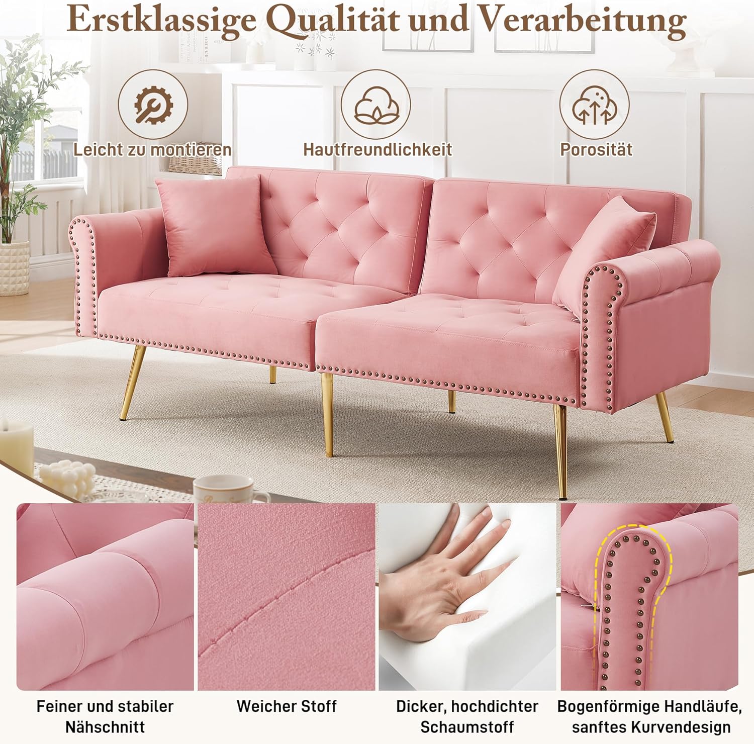 Merax 2-Sitzer-Schlafsofa, 173x75x70 cm, aus Samt, mit 3-stufig Verstellbarer Doppel-Rückenlehne, vergoldeten Metallfüßen, ergonomischer Polsterung, platzsparendes Sofa für kleine Räume, Rosa — Ansicht 6