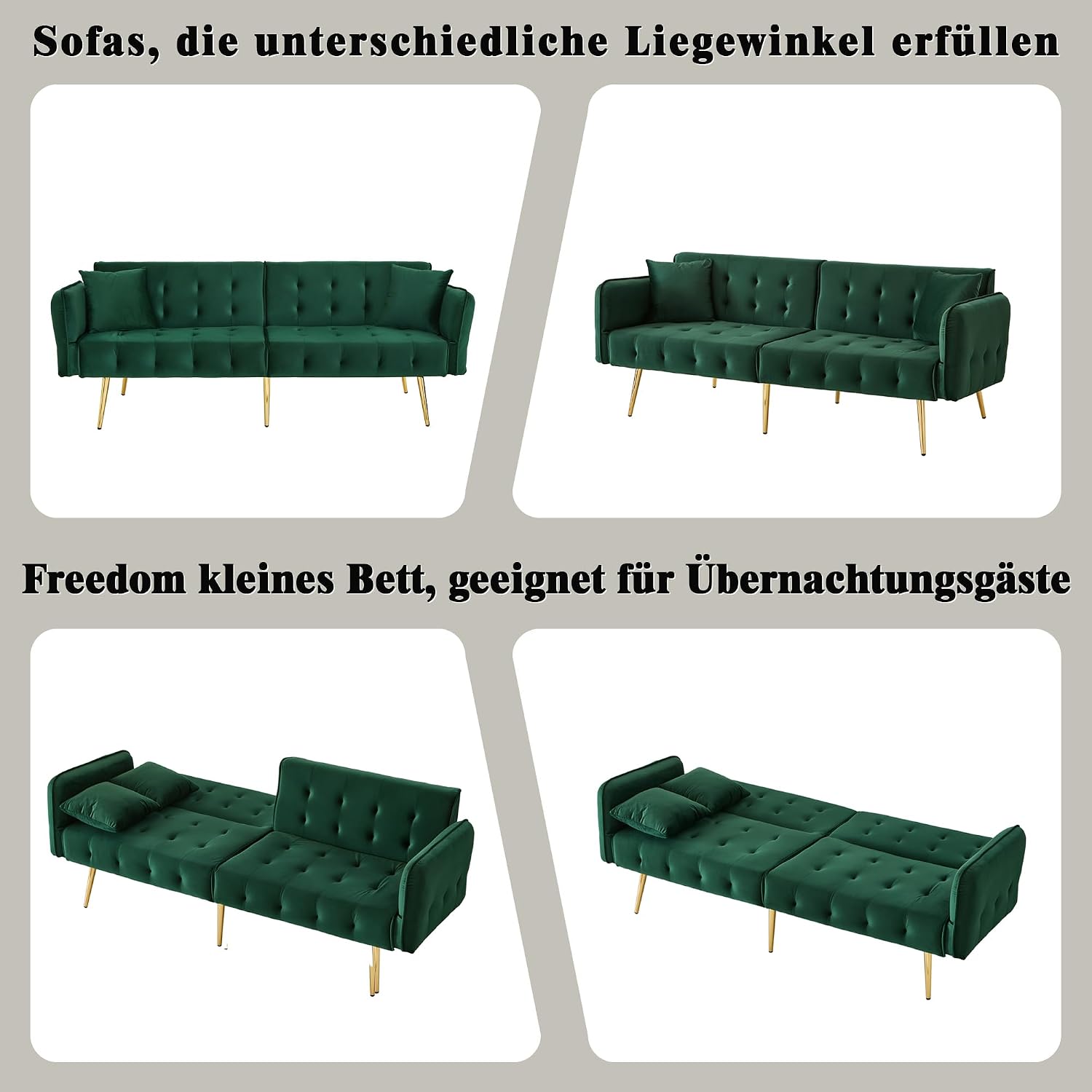 Merax 2-Sitzer Sofabett mit Bettfunktion, Verstellbarer 3-Stufen-Rückenlehne & 6-Stufen-Armlehnen, modernes Faltsofa, Hochdichteschaum, Holzrahmen, platzsparend für Wohnzimmer, Veloursbezug, Grün — Ansicht 3