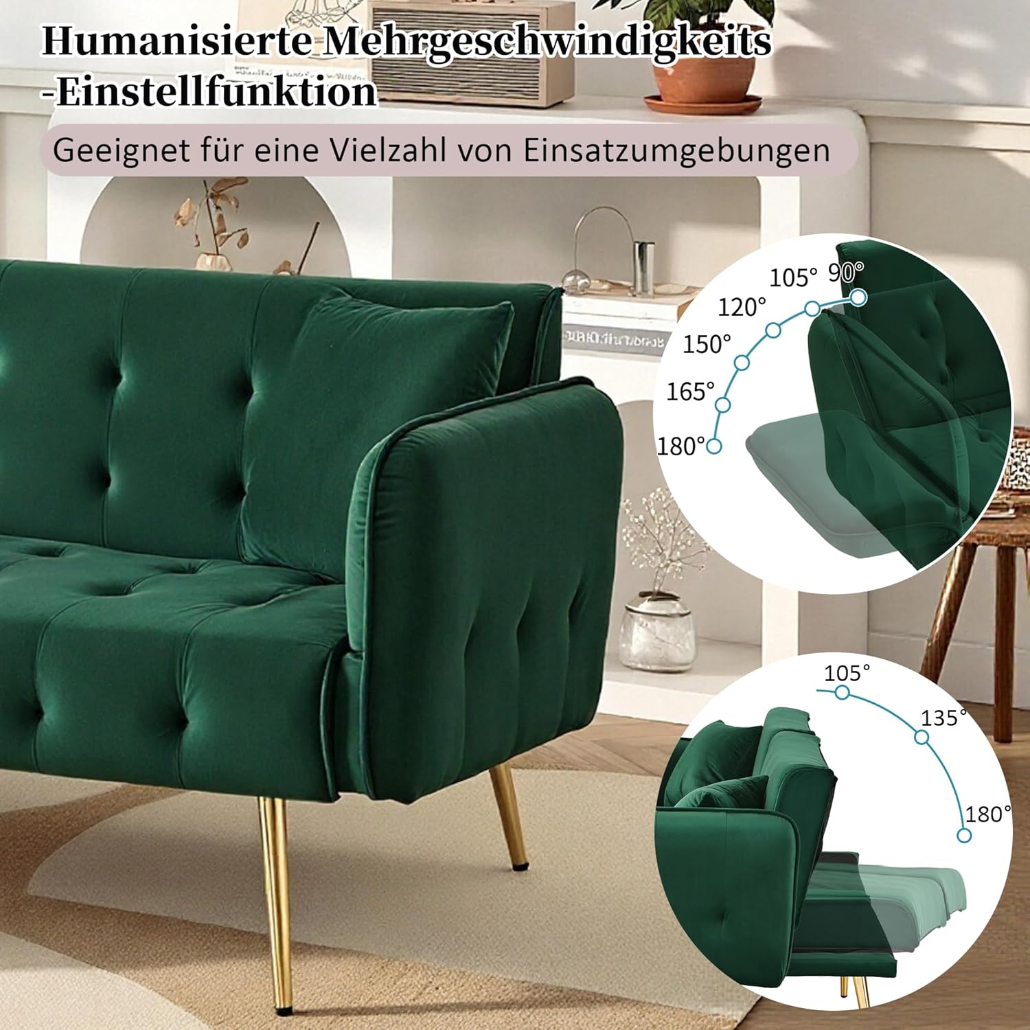 Merax 2-Sitzer Sofabett mit Bettfunktion, Verstellbarer 3-Stufen-Rückenlehne & 6-Stufen-Armlehnen, modernes Faltsofa, Hochdichteschaum, Holzrahmen, platzsparend für Wohnzimmer, Veloursbezug, Grün — Ansicht 4