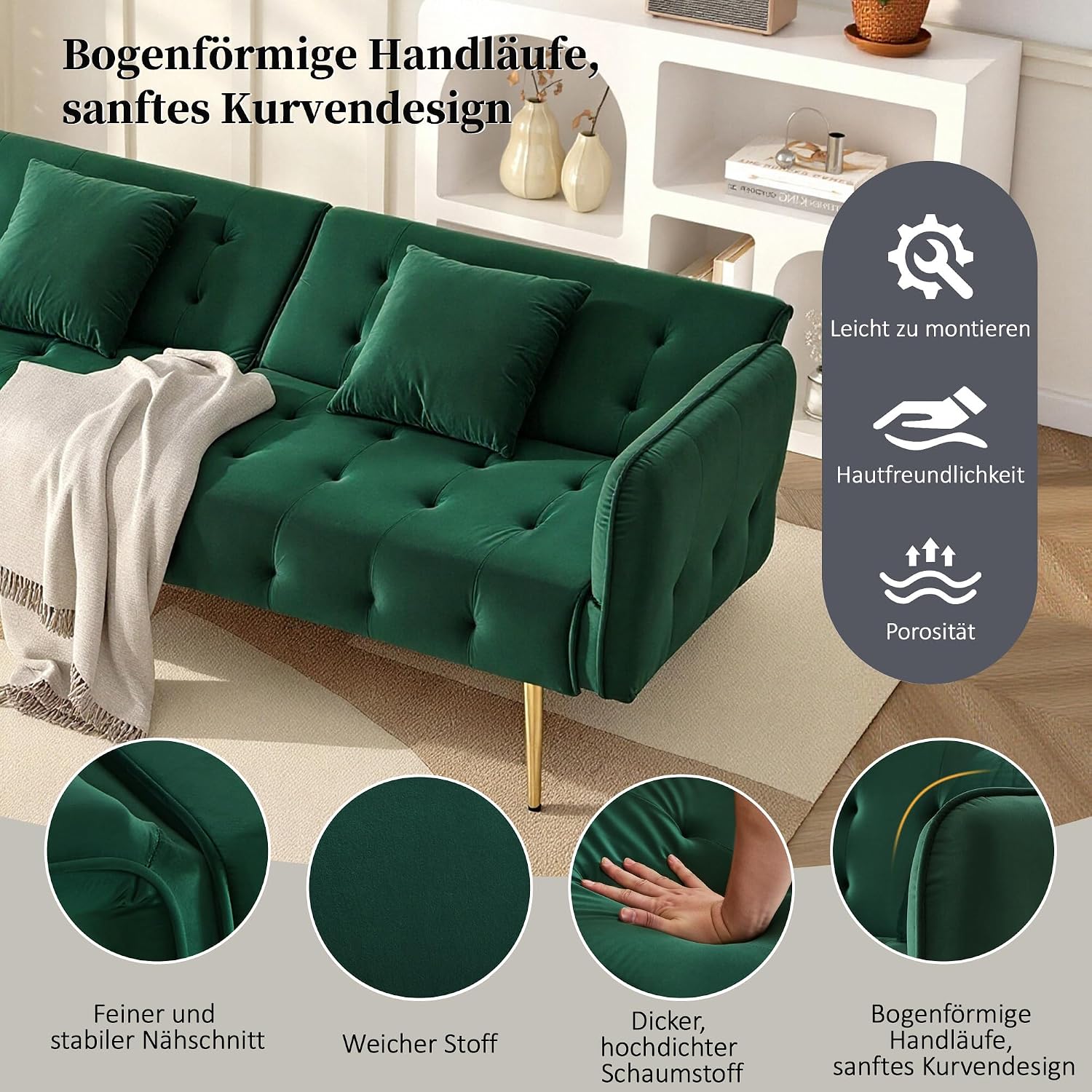 Merax 2-Sitzer Sofabett mit Bettfunktion, Verstellbarer 3-Stufen-Rückenlehne & 6-Stufen-Armlehnen, modernes Faltsofa, Hochdichteschaum, Holzrahmen, platzsparend für Wohnzimmer, Veloursbezug, Grün — Ansicht 6