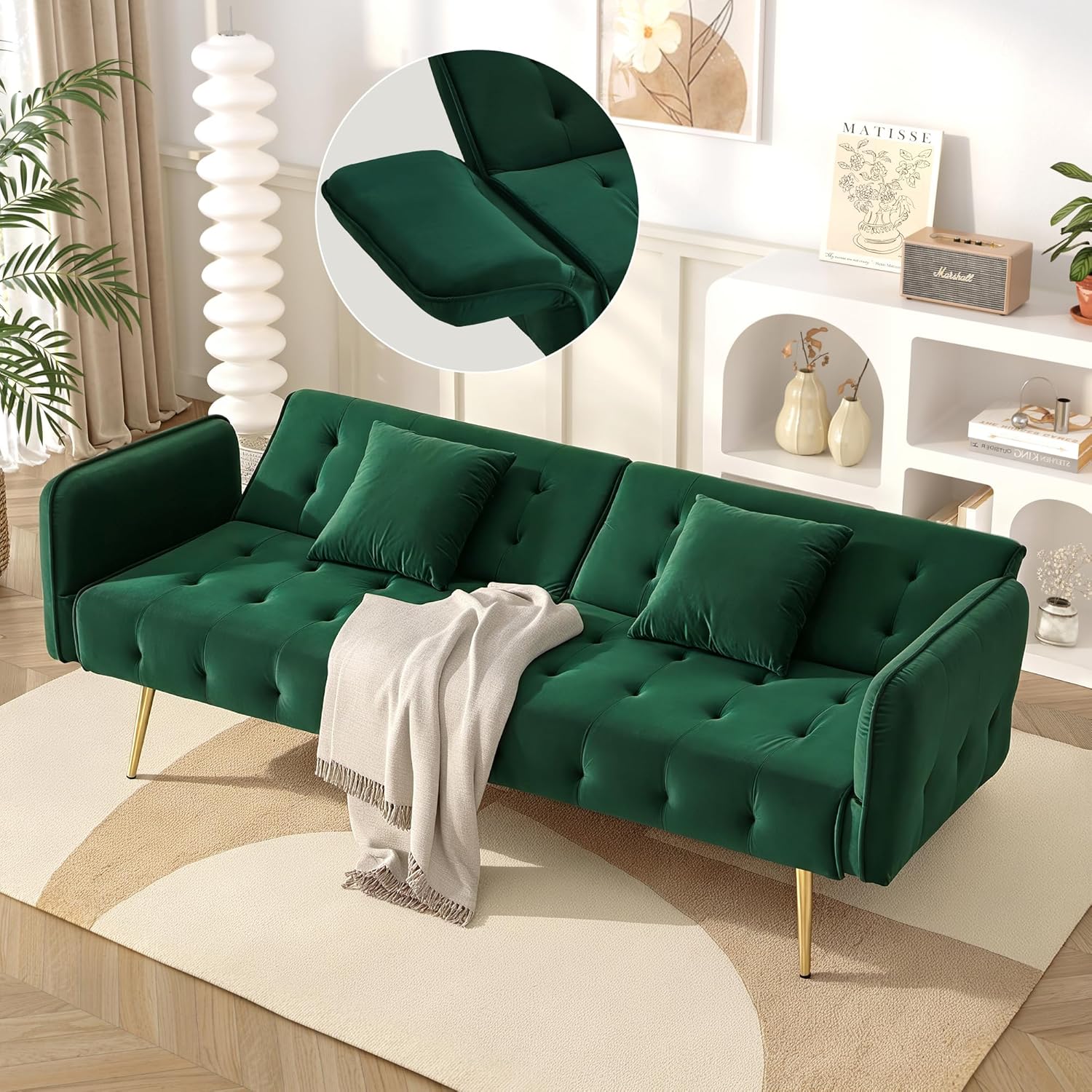 Merax 2-Sitzer Sofabett mit Bettfunktion, Verstellbarer 3-Stufen-Rückenlehne & 6-Stufen-Armlehnen, modernes Faltsofa, Hochdichteschaum, Holzrahmen, platzsparend für Wohnzimmer, Veloursbezug, Grün