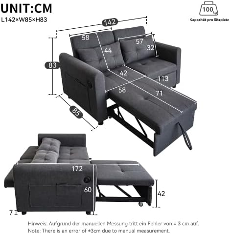 Merax 3-in-1 Schlafsofa mit Verstellbarer Rückenlehne, USB-Anschluss, Armlehnentaschen und Kissen – Multifunktionales Loveseat-Sofa für Wohnzimmer, Schlafzimmer und Apartments, Grau — Ansicht 2