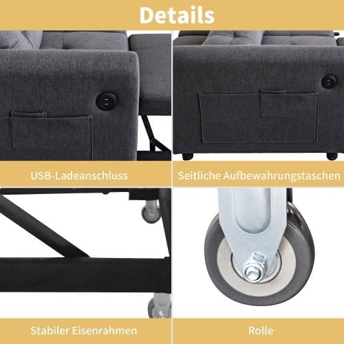 Merax 3-in-1 Schlafsofa mit Verstellbarer Rückenlehne, USB-Anschluss, Armlehnentaschen und Kissen – Multifunktionales Loveseat-Sofa für Wohnzimmer, Schlafzimmer und Apartments, Grau — Ansicht 3
