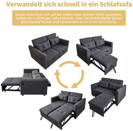 Merax 3-in-1 Schlafsofa mit Verstellbarer Rückenlehne, USB-Anschluss, Armlehnentaschen und Kissen – Multifunktionales Loveseat-Sofa für Wohnzimmer, Schlafzimmer und Apartments, Grau — Ansicht 5