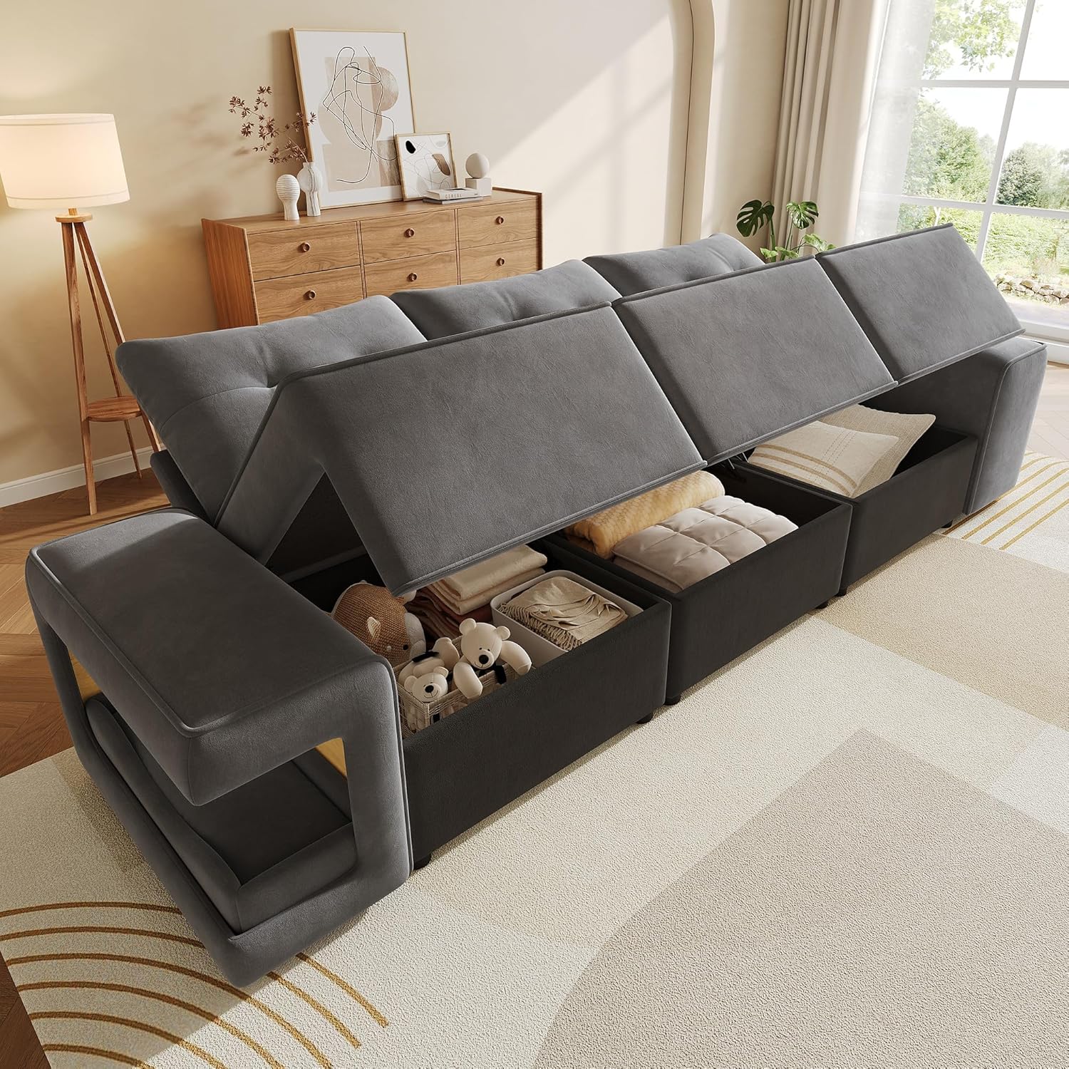 Merax 3-Sitzer Sofa Couch 230cm mit großem Stauraum, Samt Cloud Sofa mit Staufach & Breiten Armlehnen, integriertes Haustierbett & 2 Kissen, gepolsterte Couchgarnitur Wohnzimmer, Grau — Ansicht 2