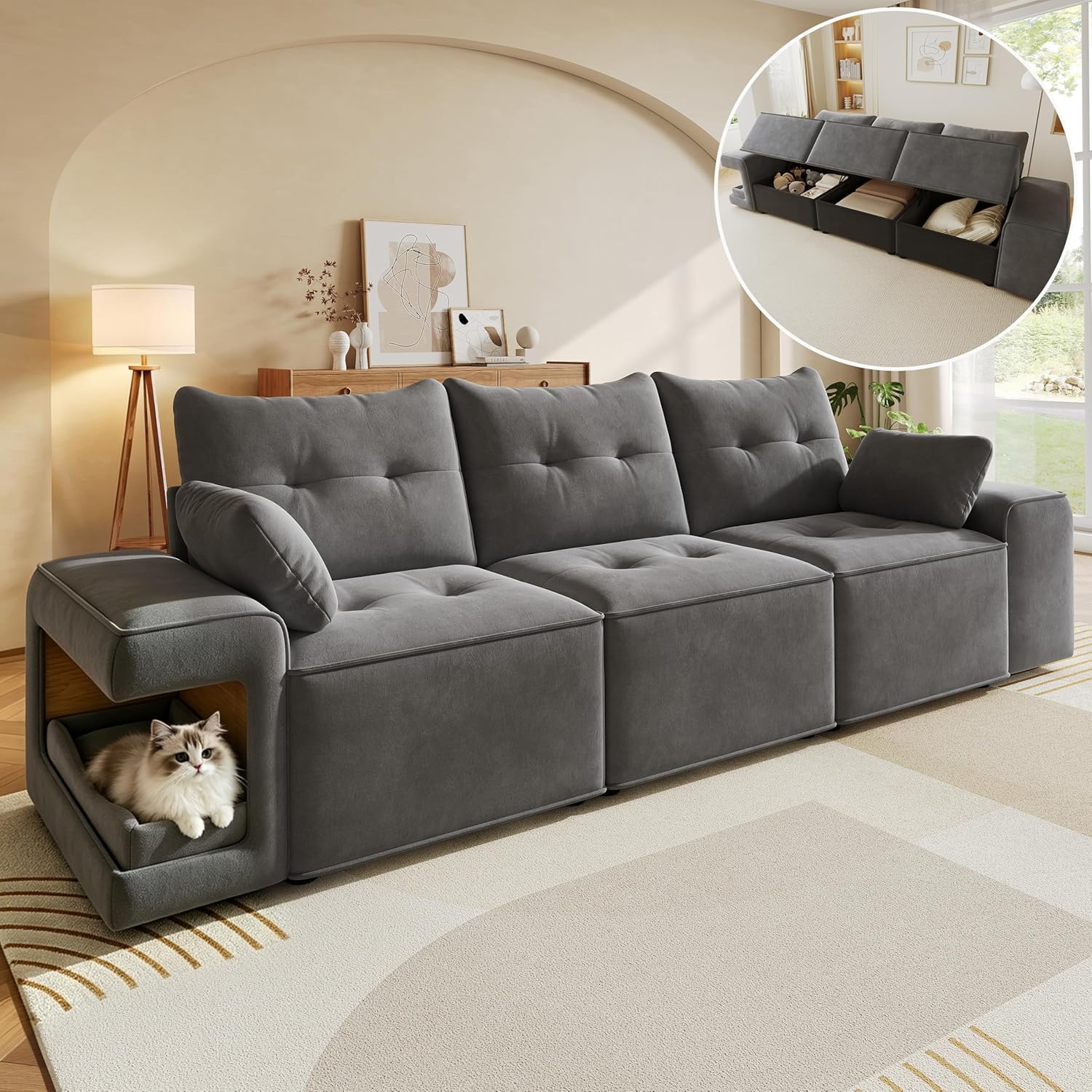 Merax 3-Sitzer Sofa Couch 230cm mit großem Stauraum, Samt Cloud Sofa mit Staufach & Breiten Armlehnen, integriertes Haustierbett & 2 Kissen, gepolsterte Couchgarnitur Wohnzimmer, Grau