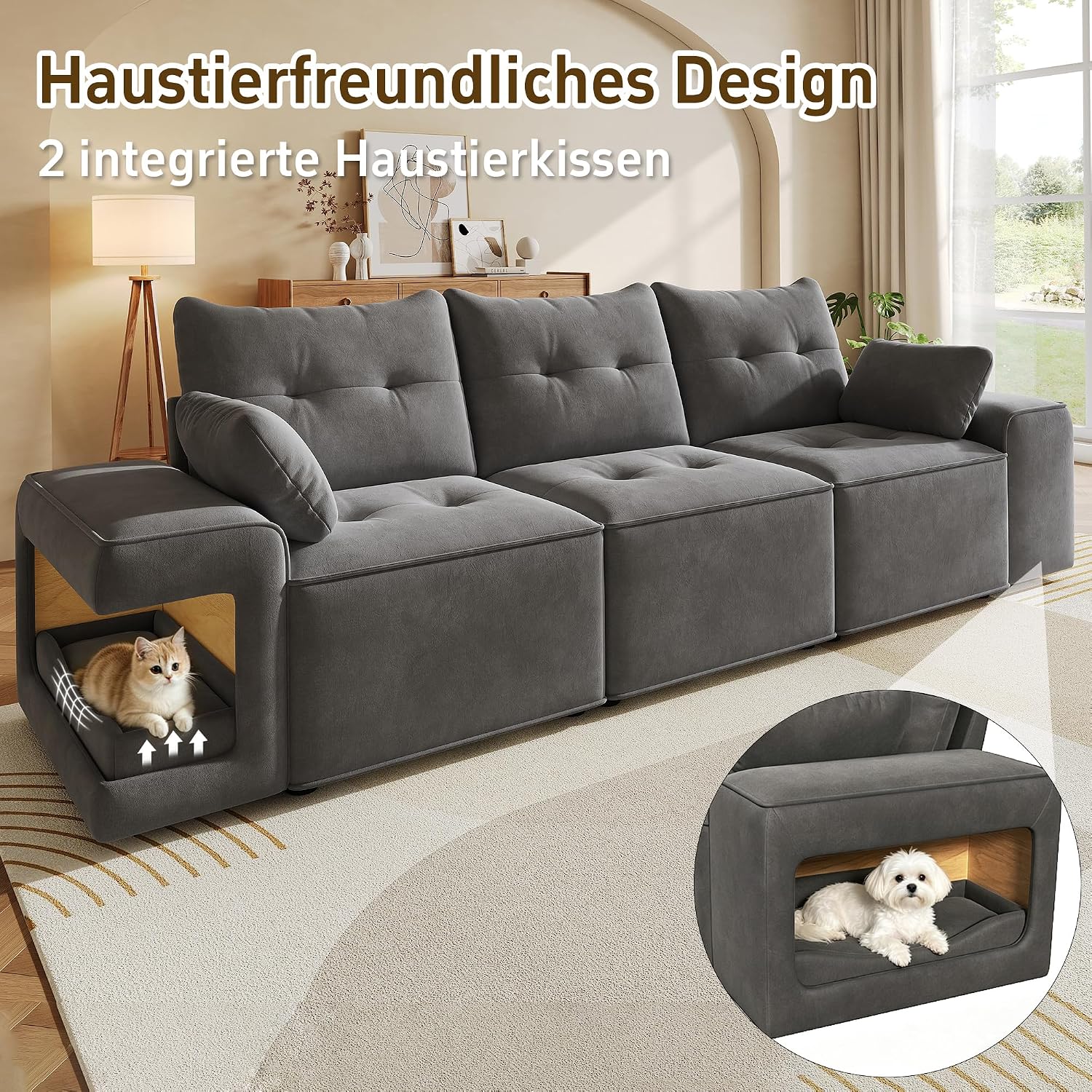 Merax 3-Sitzer Sofa Couch 230cm mit großem Stauraum, Samt Cloud Sofa mit Staufach & Breiten Armlehnen, integriertes Haustierbett & 2 Kissen, gepolsterte Couchgarnitur Wohnzimmer, Grau — Ansicht 5