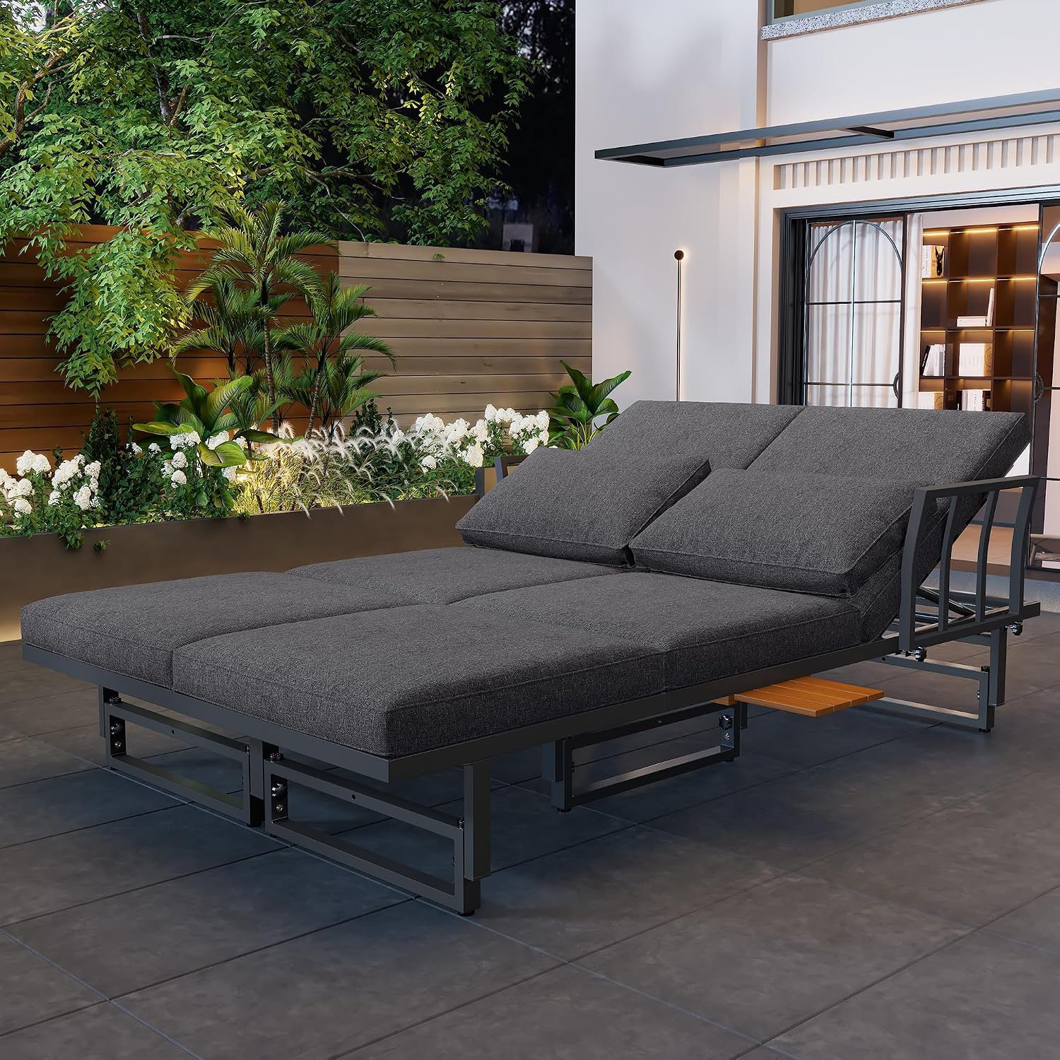Merax 3-teiliges Gartenmöbel Set:Multifunktionales Sofa und Loungesessel 2-in-1, Verstellbare Sofas, Tisch & Sitzkissen Grau — Ansicht 3