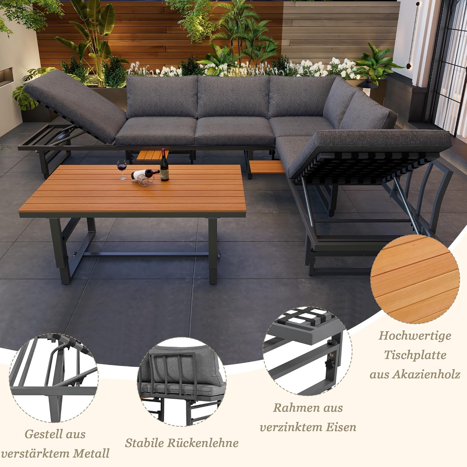 Merax 3-teiliges Gartenmöbel Set:Multifunktionales Sofa und Loungesessel 2-in-1, Verstellbare Sofas, Tisch & Sitzkissen Grau — Ansicht 6