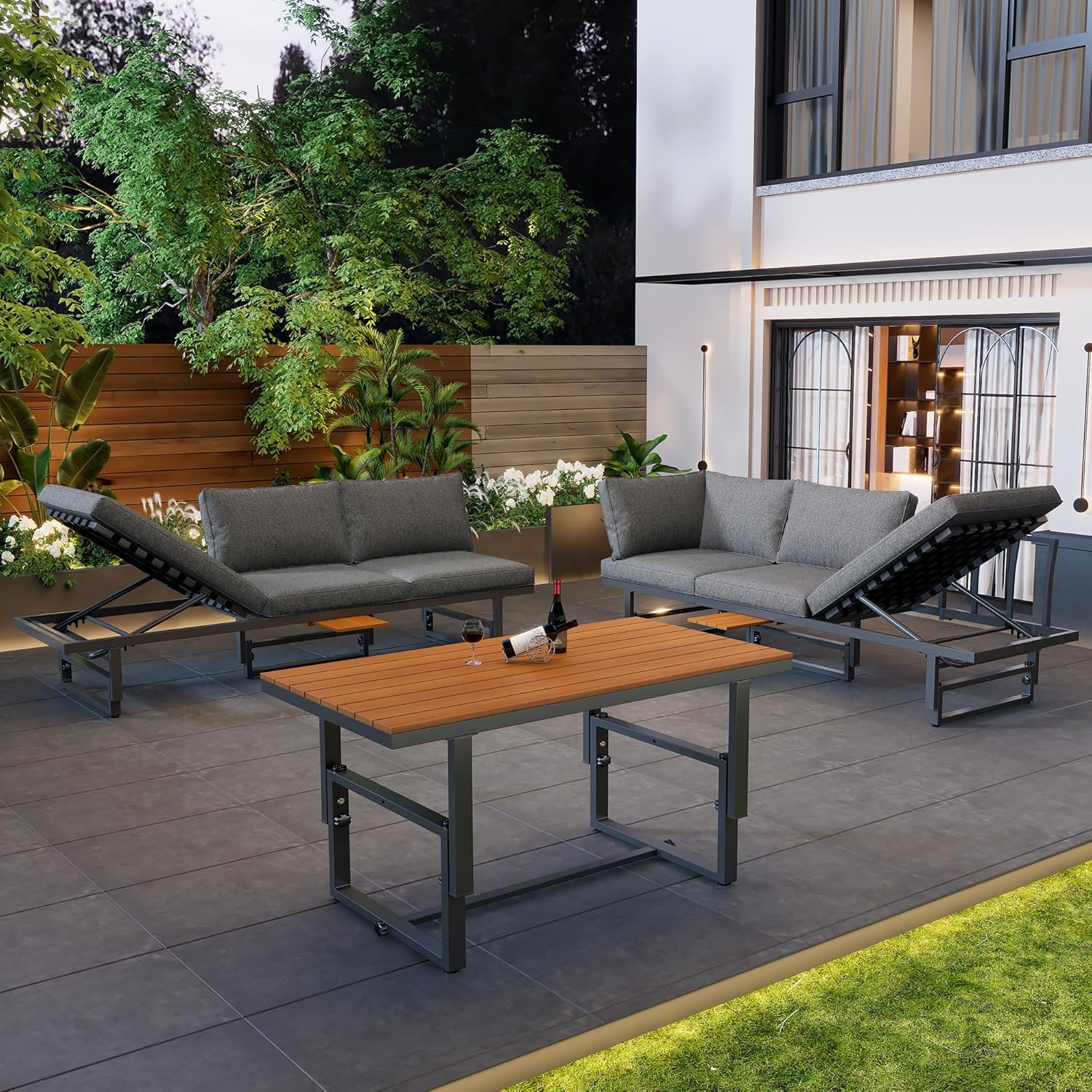 Merax 3-teiliges Gartenmöbel Set:Multifunktionales Sofa und Loungesessel 2-in-1, Verstellbare Sofas, Tisch & Sitzkissen Grau