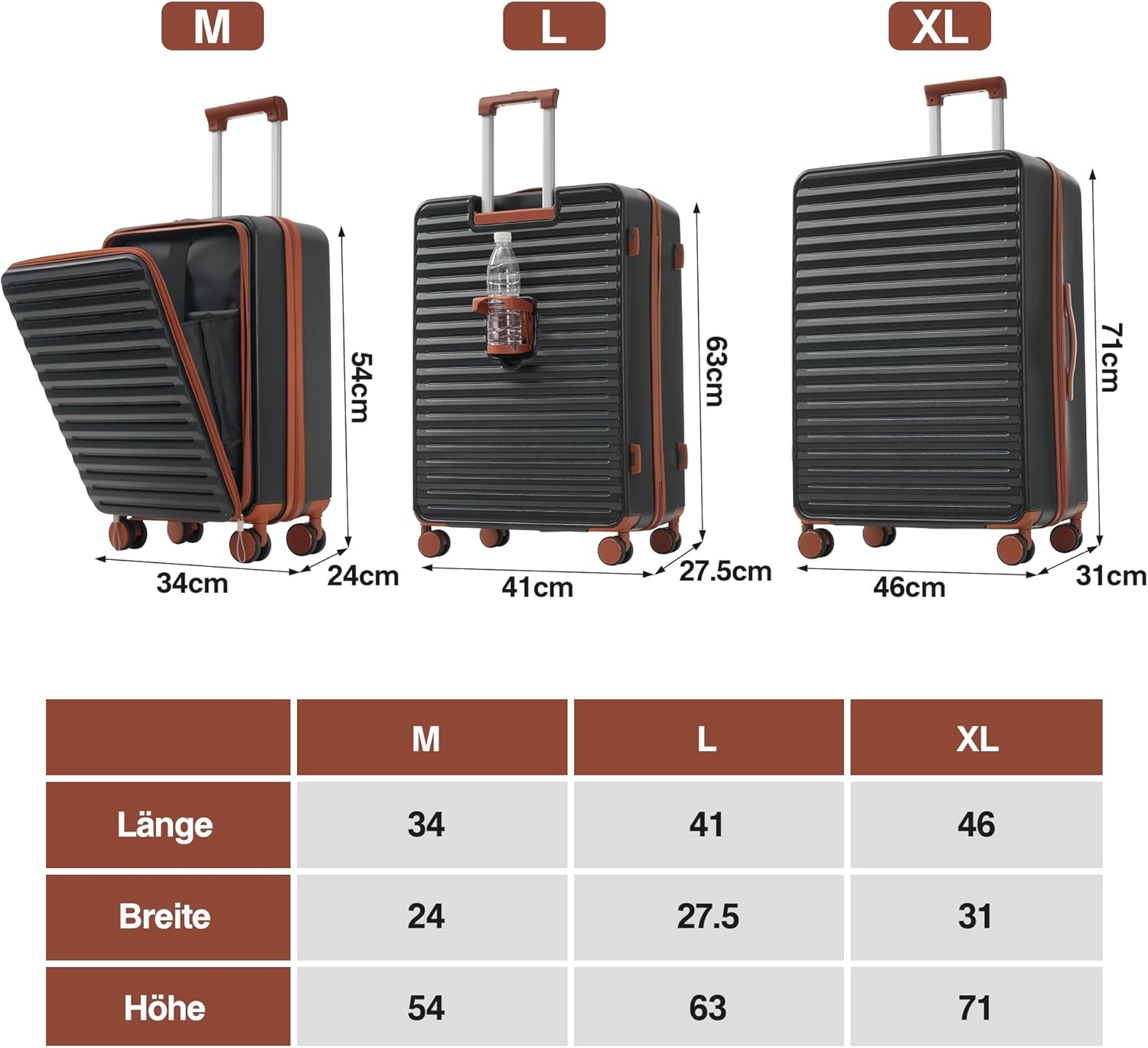 Merax 3tlg. Hartschalenkofferset, Gepäckset, Rollkoffer, Front-Öffnungs-Design, Klappbare Getränkehalter, TSA-Schloss, 360°-Rollen, M-L-XL Reisekofferset, Schwarz — Ansicht 2
