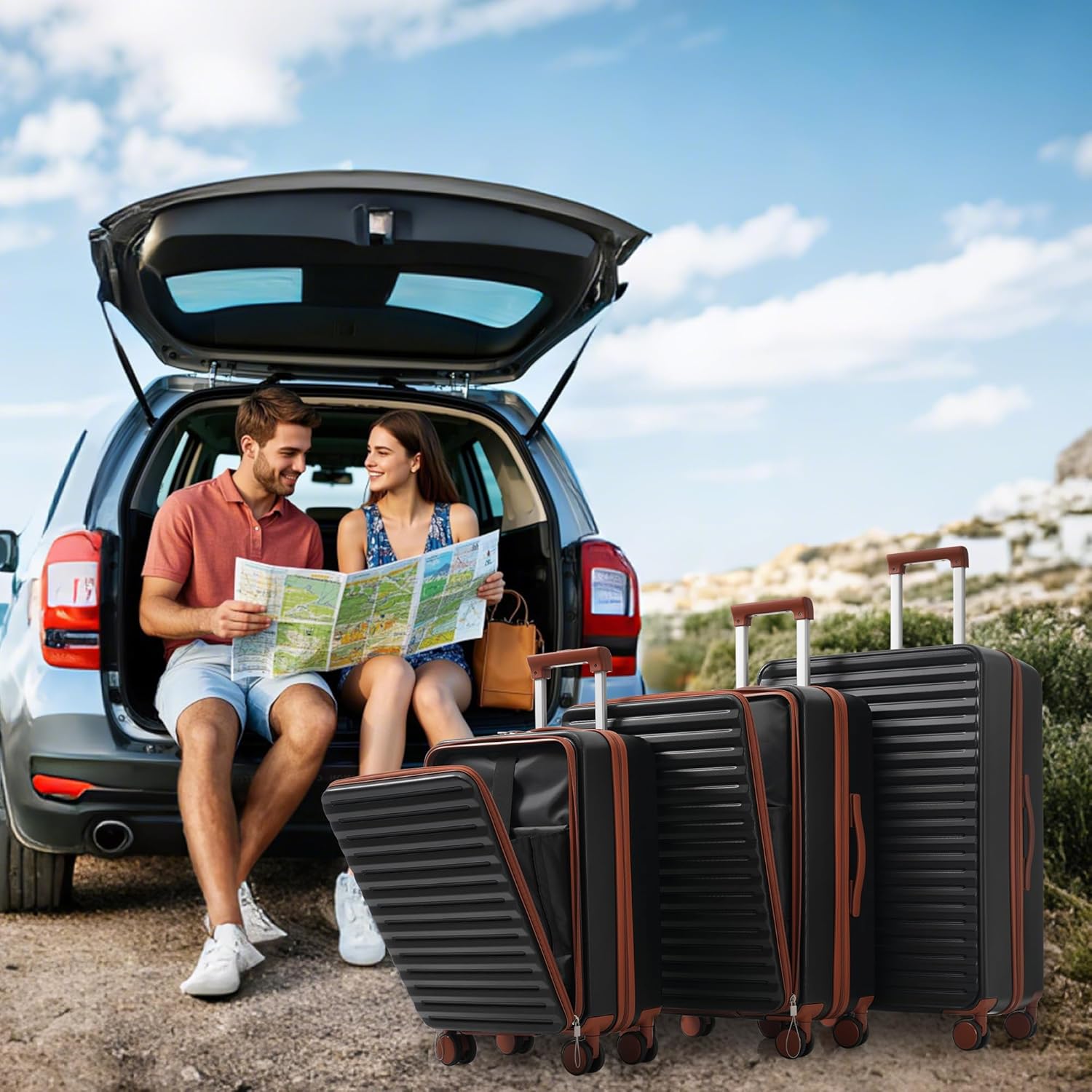 Merax 3tlg. Hartschalenkofferset, Gepäckset, Rollkoffer, Front-Öffnungs-Design, Klappbare Getränkehalter, TSA-Schloss, 360°-Rollen, M-L-XL Reisekofferset, Schwarz — Ansicht 3