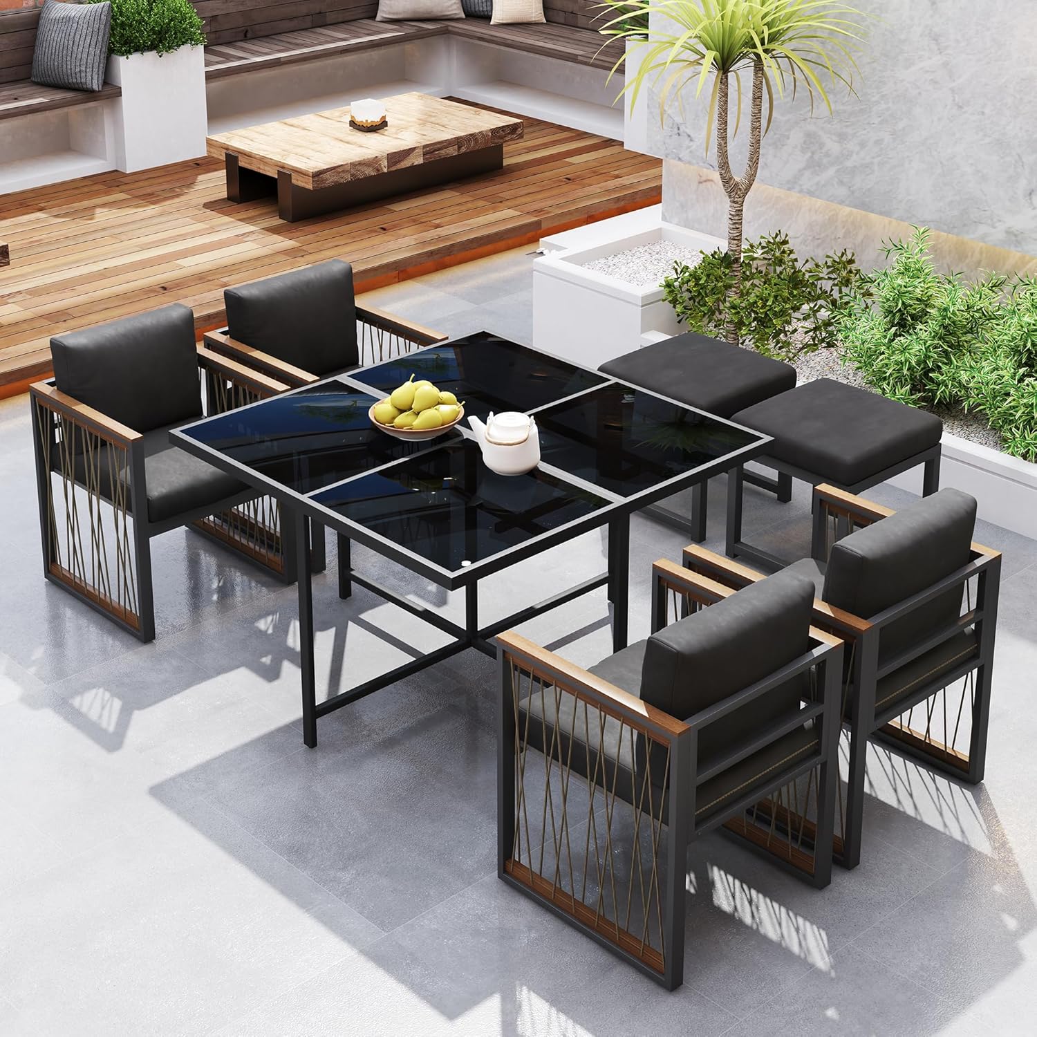 Merax 7-teiliges Garten-Essgruppe, Esstisch-Set für 6 Personen, Tisch mit gehärtetem Glas & Akazienholz-Armlehnen, Abnehmbaren Kissen, Für Garten, Terrasse, Balkon, Schwarz, Holzfarbe — Ansicht 3