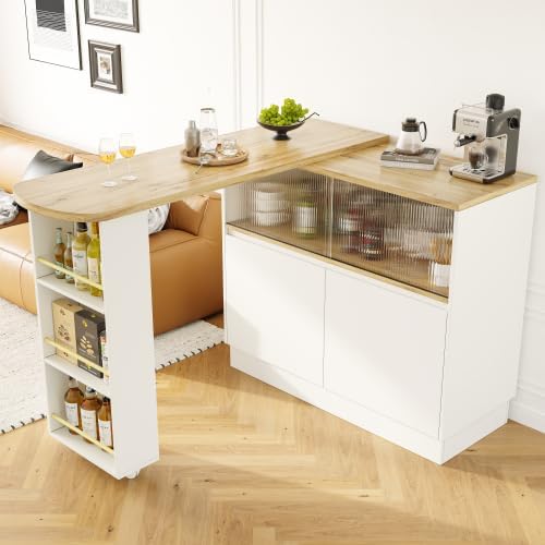 Merax Ausziehbarer Bartisch 138-203 cm, 360° Drehbar, Multifunktionale Kücheninsel mit Bar & Theke, Sideboard mit Stauraum, MDF, Modernes Design für Wohnzimmer, Küche und Home-Office
