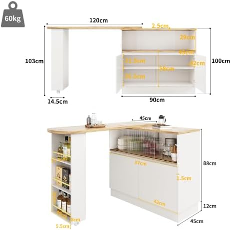 Merax Ausziehbarer Bartisch 138-203 cm, 360° Drehbar, Multifunktionale Kücheninsel mit Bar & Theke, Sideboard mit Stauraum, MDF, Modernes Design für Wohnzimmer, Küche und Home-Office — Ansicht 2