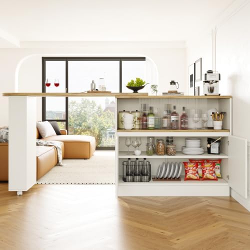 Merax Ausziehbarer Bartisch 138-203 cm, 360° Drehbar, Multifunktionale Kücheninsel mit Bar & Theke, Sideboard mit Stauraum, MDF, Modernes Design für Wohnzimmer, Küche und Home-Office — Ansicht 3