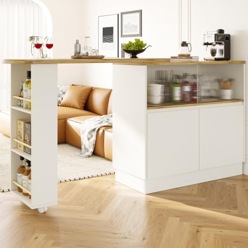 Merax Ausziehbarer Bartisch 138-203 cm, 360° Drehbar, Multifunktionale Kücheninsel mit Bar & Theke, Sideboard mit Stauraum, MDF, Modernes Design für Wohnzimmer, Küche und Home-Office — Ansicht 5