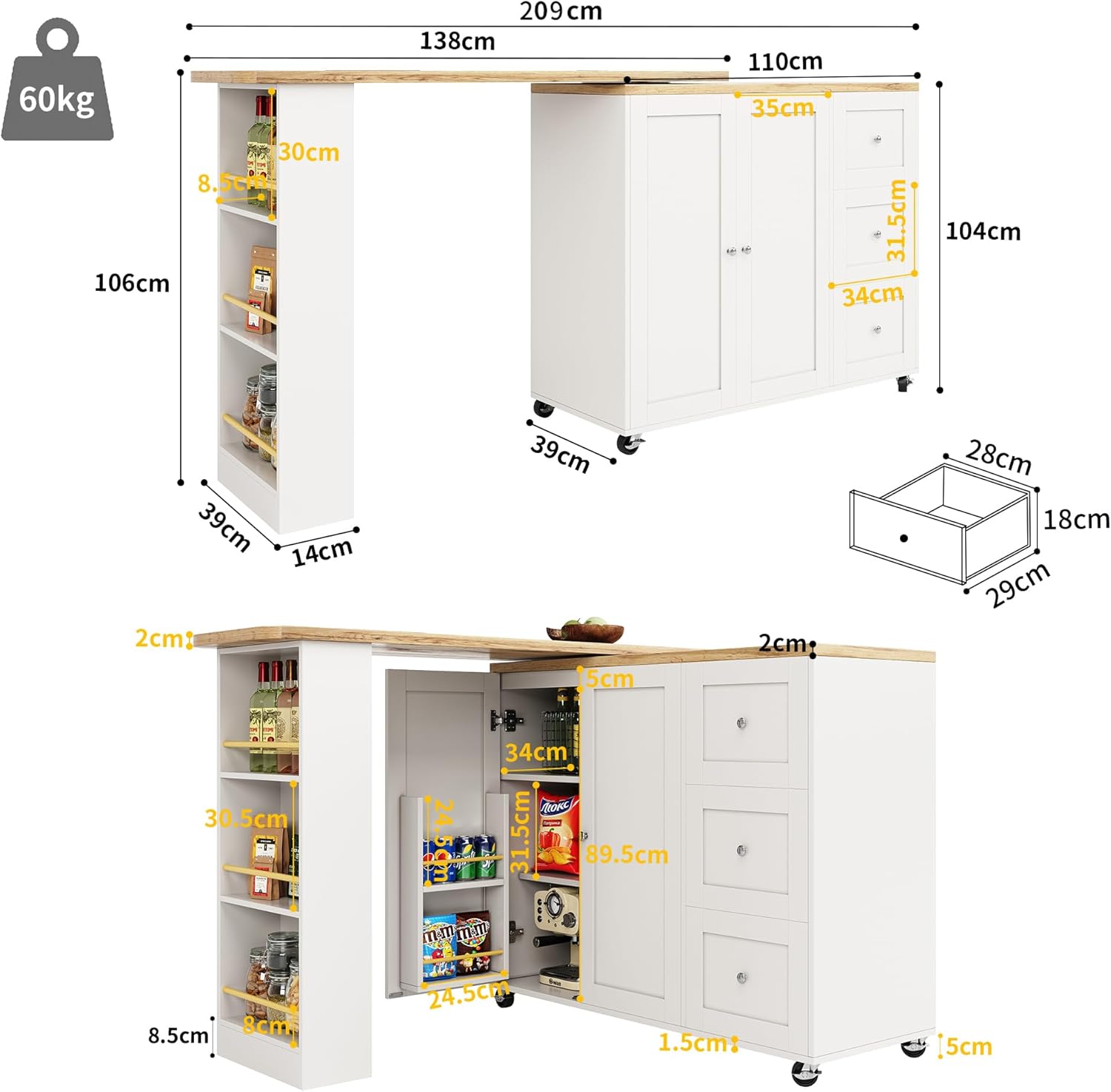 Merax Ausziehbarer Bartisch mit Stauraum, Beweglicher Bartisch Beistelltisch Stehtisch Bistrotisch Küchentheke Kücheninsel, mit 3 Schubladen, Weiß/138-209 x 39 x 106 cm — Ansicht 2
