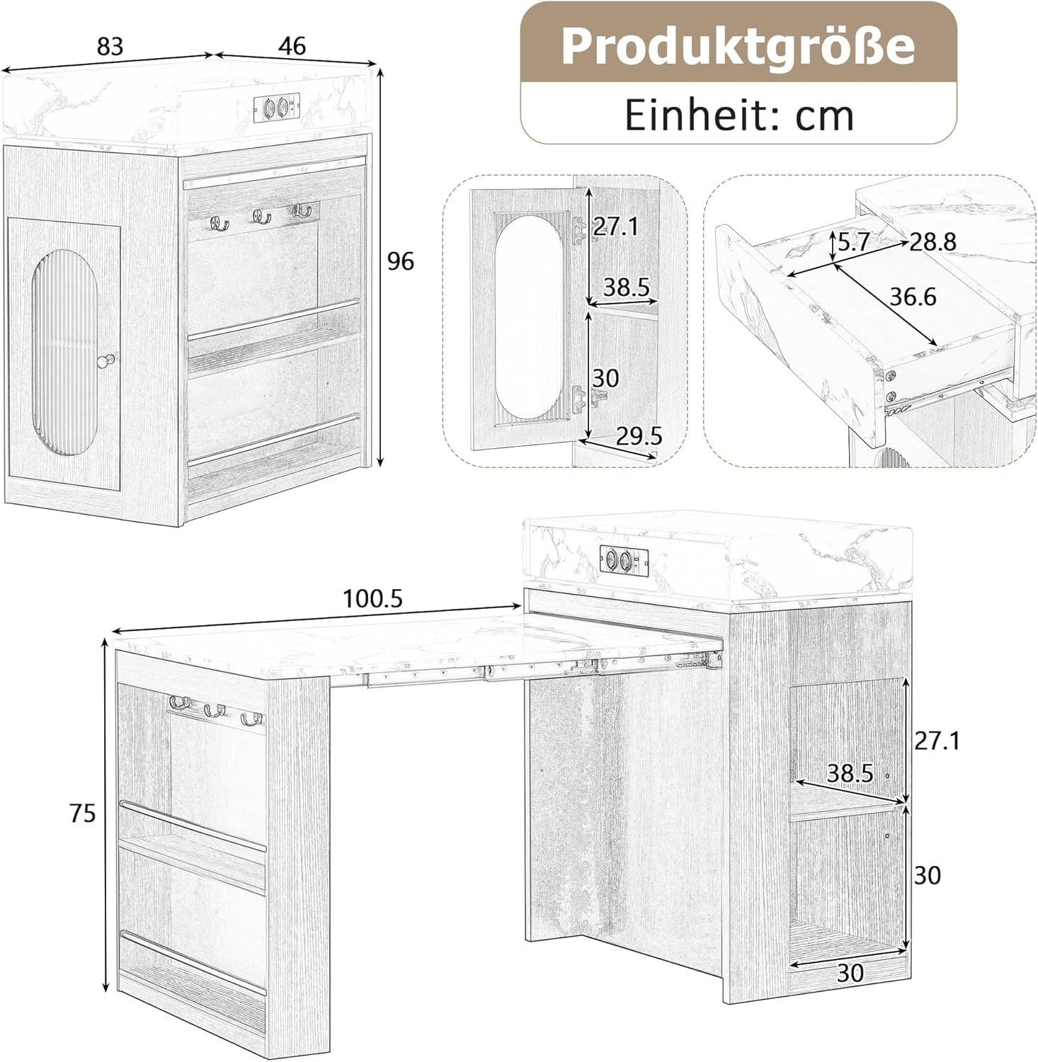 Merax Ausziehbarer Bartisch mit Stauraum, Modernes Kücheninsel mit Rollen, Steckdose, Rillenglas, 2 Schublade, Offene Regale, Verstellbare Ablagen, Sideboard für Küche, Esszimmer, 83×146,5×96cm, Weiß — Ansicht 2