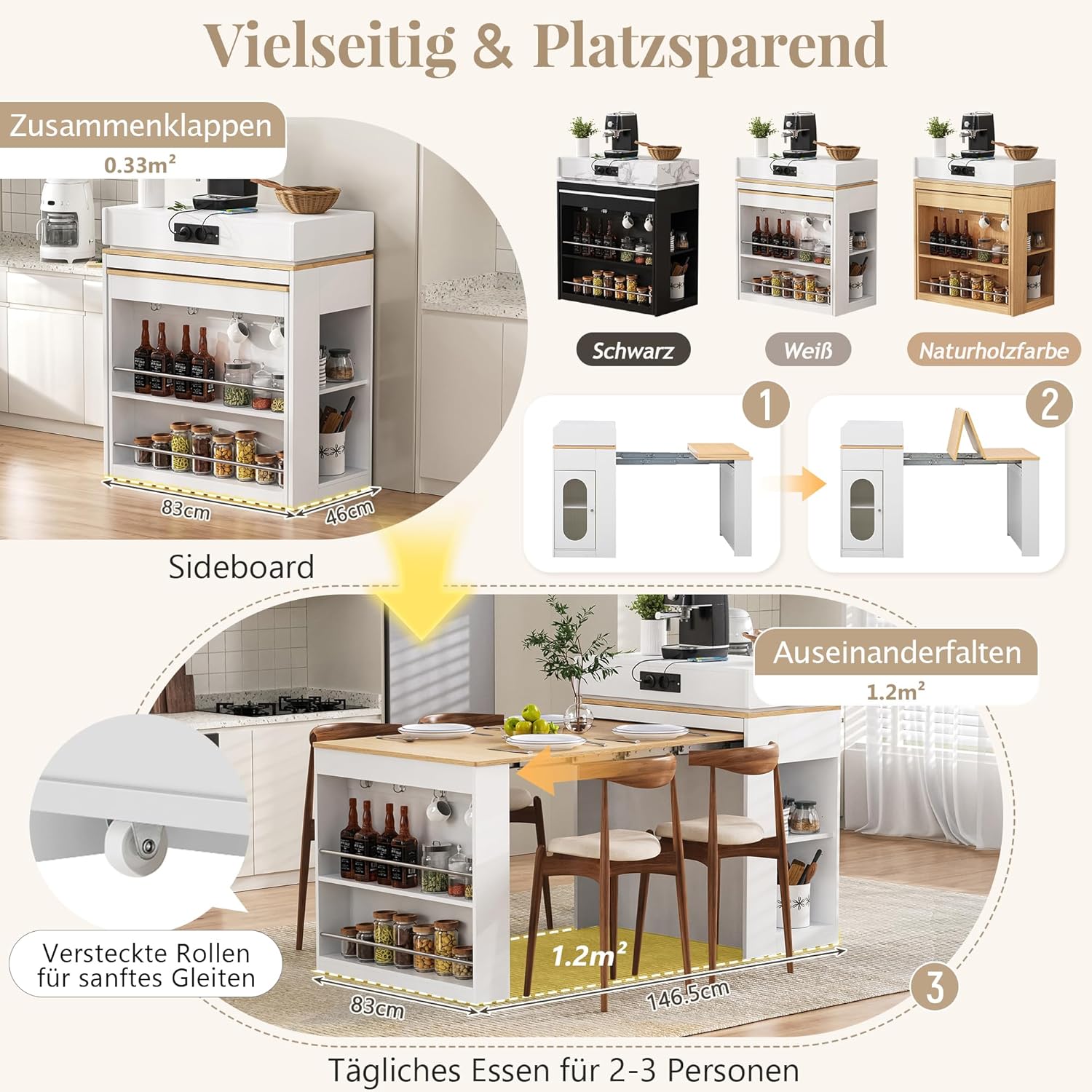 Merax Ausziehbarer Bartisch mit Stauraum, Modernes Kücheninsel mit Rollen, Steckdose, Rillenglas, 2 Schublade, Offene Regale, Verstellbare Ablagen, Sideboard für Küche, Esszimmer, 83×146,5×96cm, Weiß — Ansicht 4