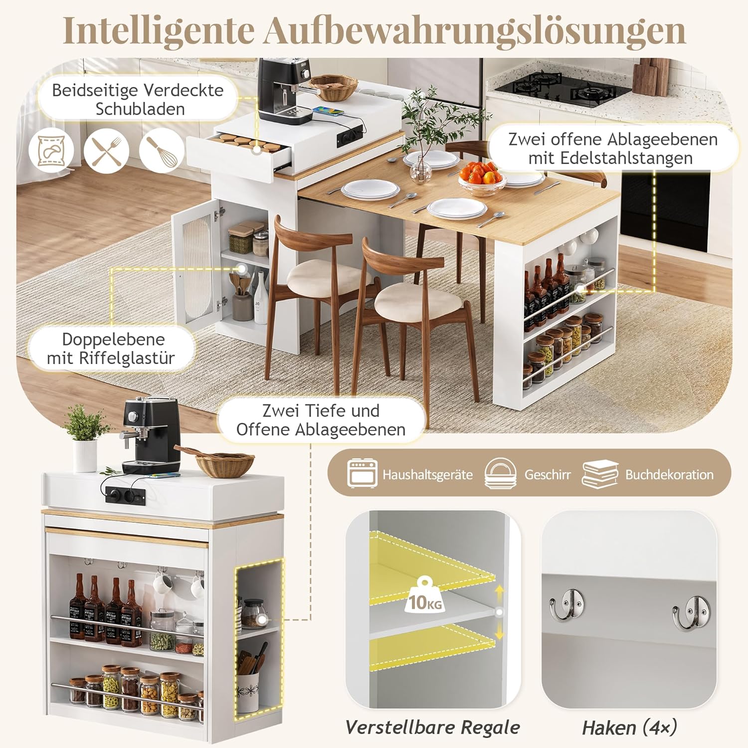 Merax Ausziehbarer Bartisch mit Stauraum, Modernes Kücheninsel mit Rollen, Steckdose, Rillenglas, 2 Schublade, Offene Regale, Verstellbare Ablagen, Sideboard für Küche, Esszimmer, 83×146,5×96cm, Weiß — Ansicht 5