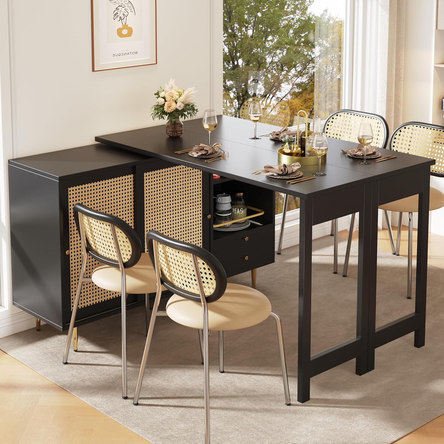 Merax Ausziehbarer Bartisch mit Stauraum, Um 360° drehbarer Stehtisch mit klappbarem Esstisch, schwarzer ausziehbarer Design-Stehtisch, mit Rattantür & Lagerregal, Schwarz/120-187X80X76CM