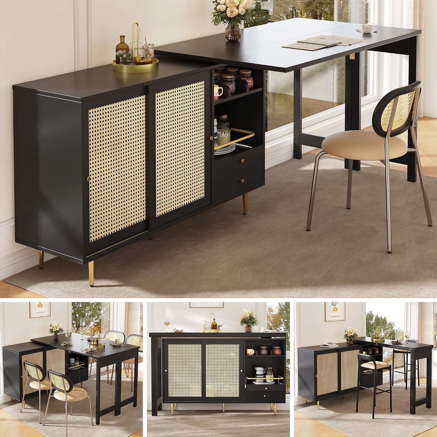 Merax Ausziehbarer Bartisch mit Stauraum, Um 360° drehbarer Stehtisch mit klappbarem Esstisch, schwarzer ausziehbarer Design-Stehtisch, mit Rattantür & Lagerregal, Schwarz/120-187X80X76CM — Ansicht 4