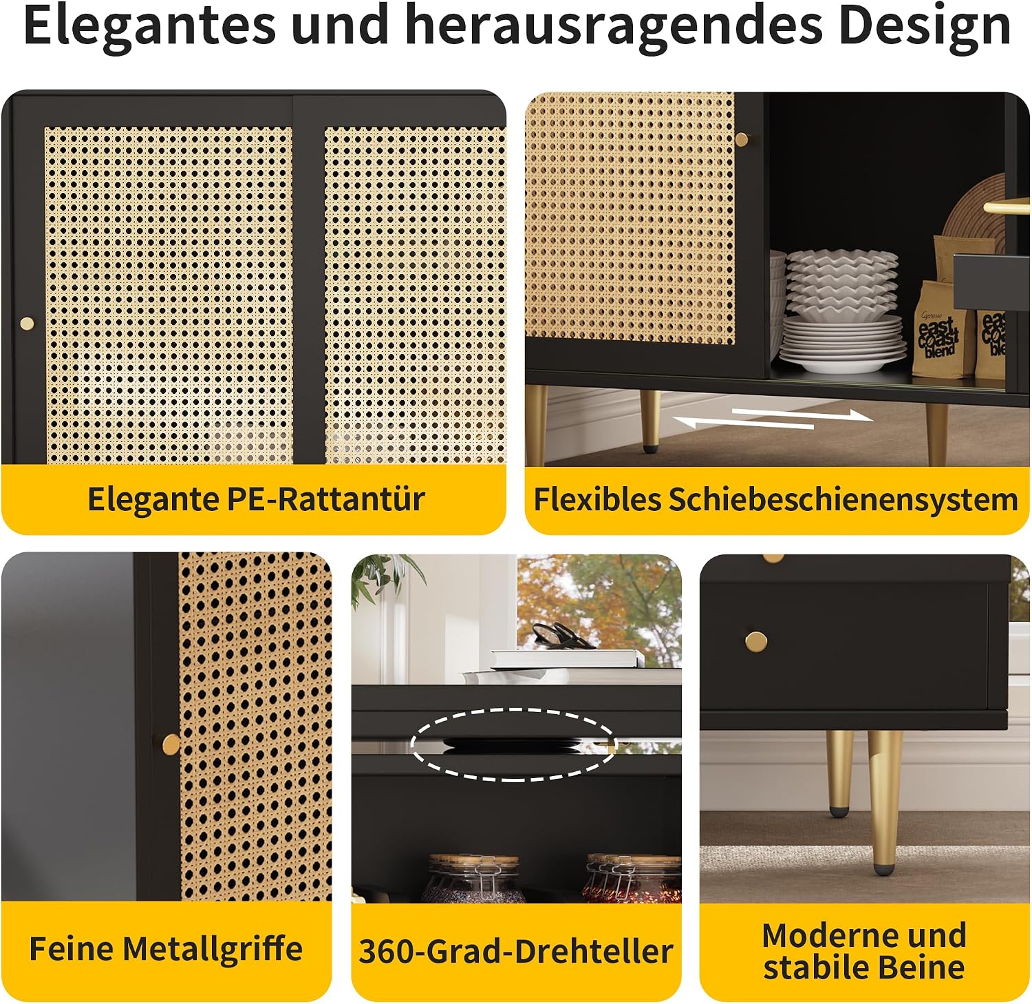 Merax Ausziehbarer Bartisch mit Stauraum, Um 360° drehbarer Stehtisch mit klappbarem Esstisch, schwarzer ausziehbarer Design-Stehtisch, mit Rattantür & Lagerregal, Schwarz/120-187X80X76CM — Ansicht 5