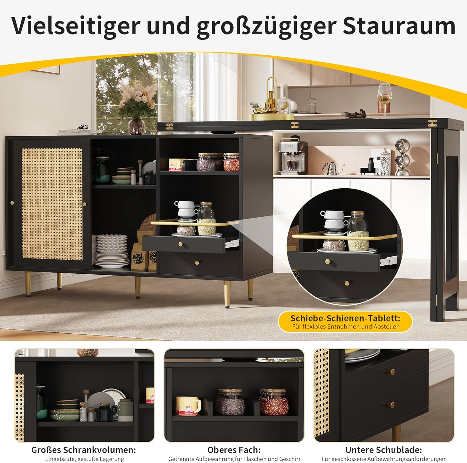 Merax Ausziehbarer Bartisch mit Stauraum, Um 360° drehbarer Stehtisch mit klappbarem Esstisch, schwarzer ausziehbarer Design-Stehtisch, mit Rattantür & Lagerregal, Schwarz/120-187X80X76CM — Ansicht 6