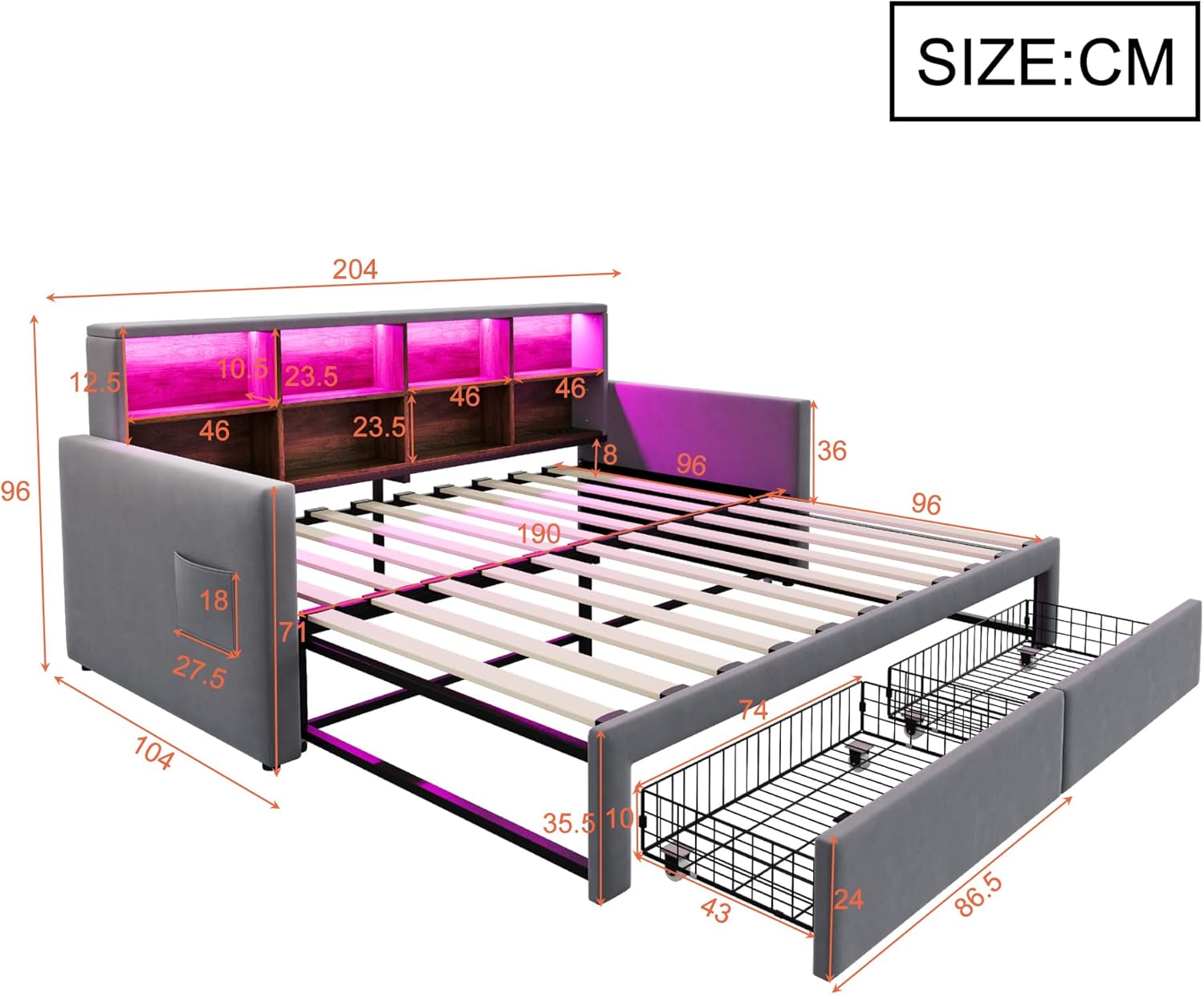 Merax Ausziehbares Bett 90/180 x 190 cm, ausziehbares Schlafsofa mit Ausziehbett, Kopfteil mit Stauraum, LED und USB-Steckdosen Typ C, 2 Schubladen, Lattenrost, Samt, Grau (ohne Matratze) — Ansicht 2