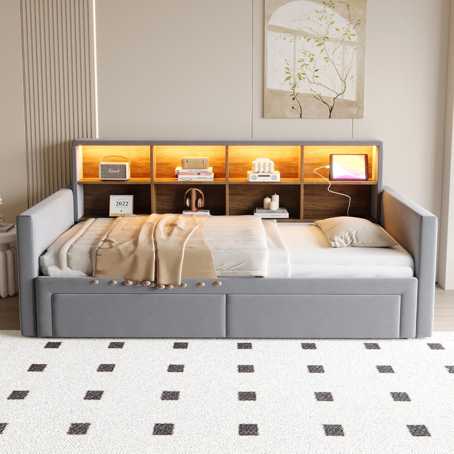 Merax Ausziehbares Bett 90/180 x 190 cm, ausziehbares Schlafsofa mit Ausziehbett, Kopfteil mit Stauraum, LED und USB-Steckdosen Typ C, 2 Schubladen, Lattenrost, Samt, Grau (ohne Matratze) — Ansicht 3