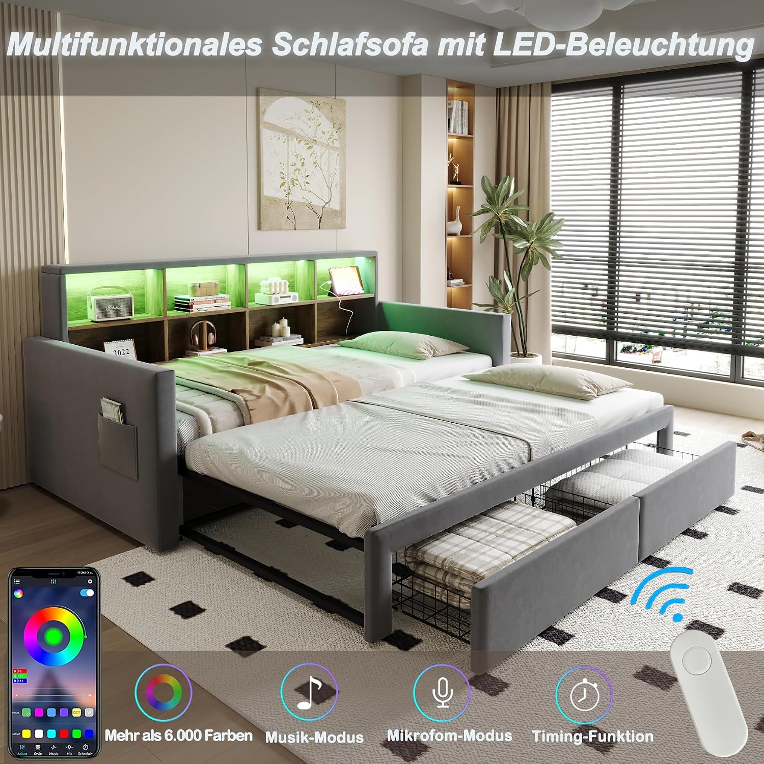 Merax Ausziehbares Bett 90/180 x 190 cm, ausziehbares Schlafsofa mit Ausziehbett, Kopfteil mit Stauraum, LED und USB-Steckdosen Typ C, 2 Schubladen, Lattenrost, Samt, Grau (ohne Matratze) — Ansicht 4