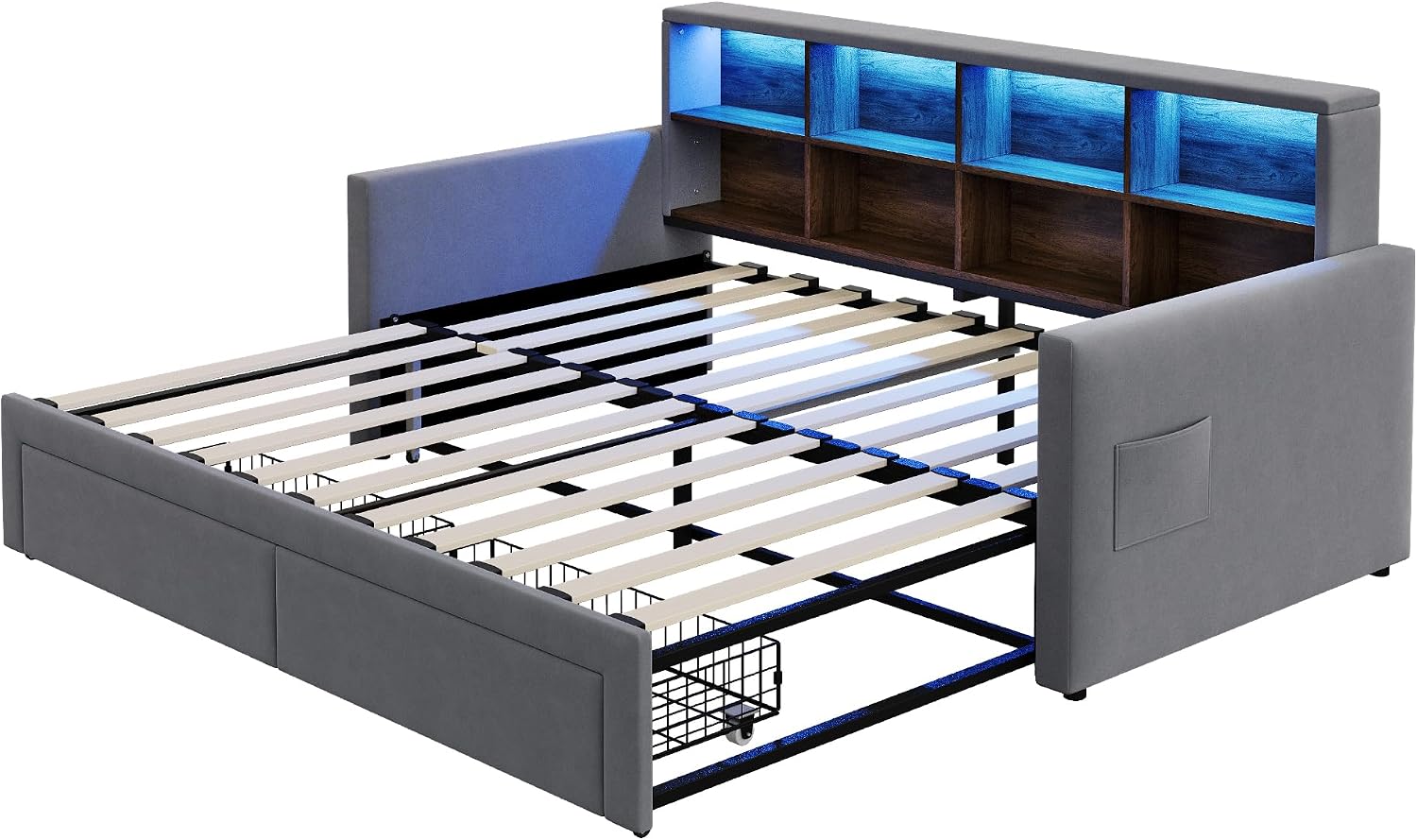 Merax Ausziehbares Bett 90/180 x 190 cm, ausziehbares Schlafsofa mit Ausziehbett, Kopfteil mit Stauraum, LED und USB-Steckdosen Typ C, 2 Schubladen, Lattenrost, Samt, Grau (ohne Matratze) — Ansicht 5