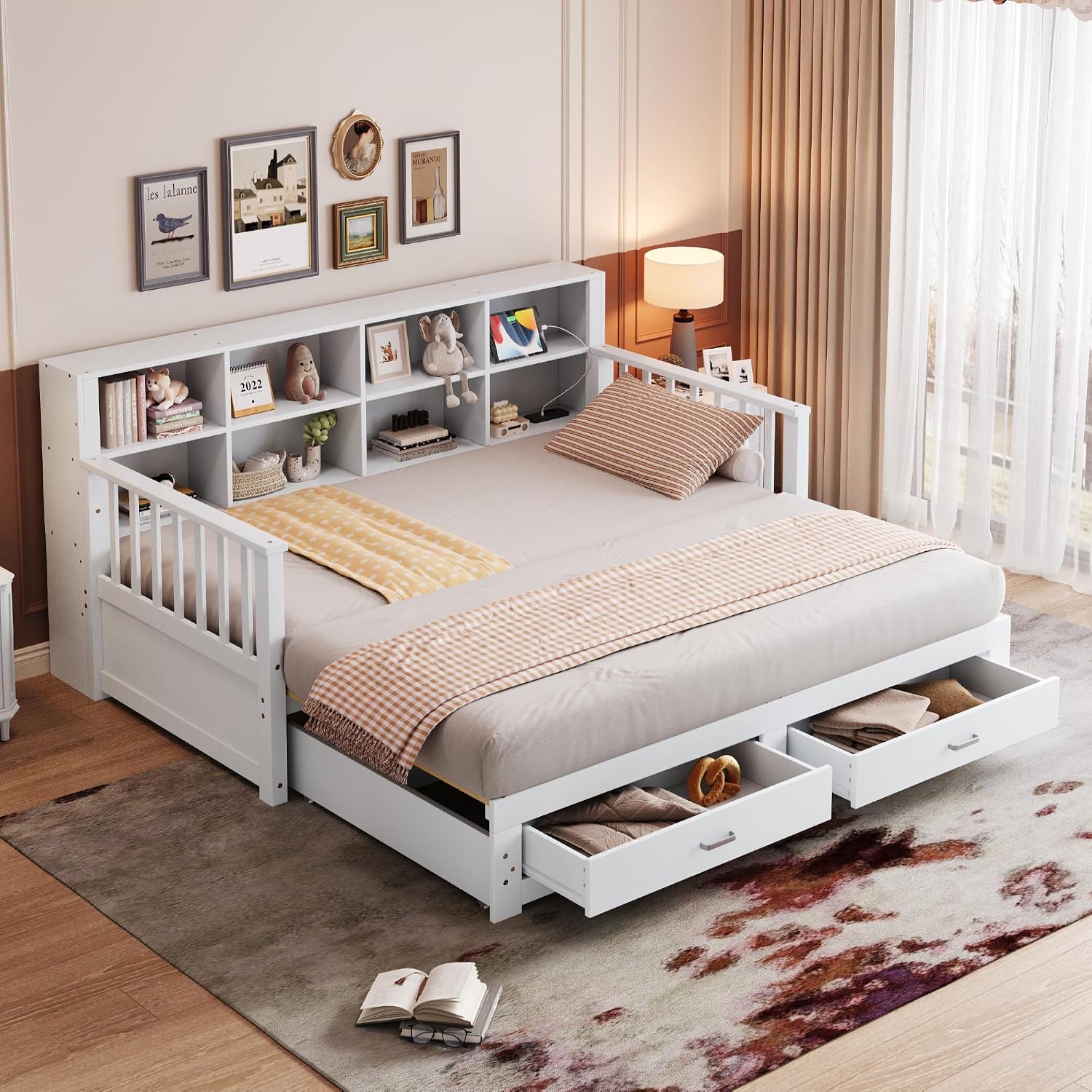 Merax Ausziehbares Schlafsofa 90/180x190 cm, mit Steckdose & Regal in Rückenlehne, 2 Schubladen, Lattenrost, multifunktionales Tagesbett für Gästezimmer, Kinderzimmer, Weiß (ohne Matratze)