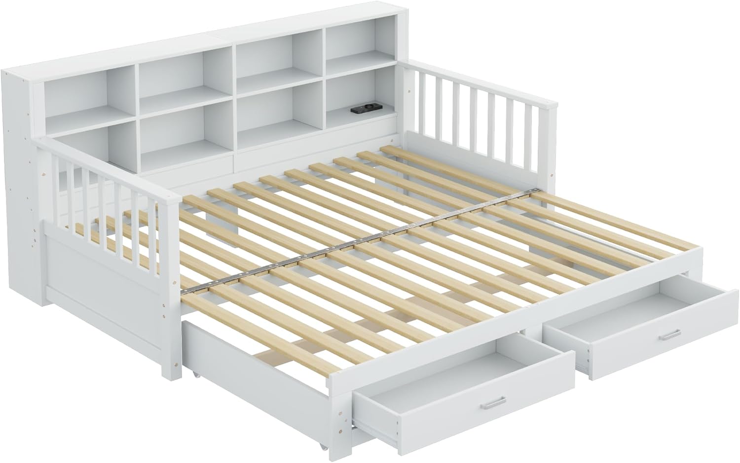 Merax Ausziehbares Schlafsofa 90/180x190 cm, mit Steckdose & Regal in Rückenlehne, 2 Schubladen, Lattenrost, multifunktionales Tagesbett für Gästezimmer, Kinderzimmer, Weiß (ohne Matratze) — Ansicht 4