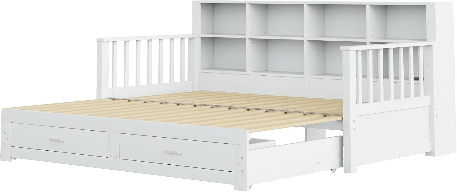 Merax Ausziehbares Schlafsofa 90/180x190 cm, mit Steckdose & Regal in Rückenlehne, 2 Schubladen, Lattenrost, multifunktionales Tagesbett für Gästezimmer, Kinderzimmer, Weiß (ohne Matratze) — Ansicht 6