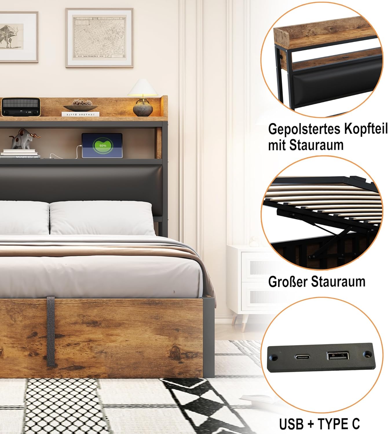 Merax Bettgestell 140x200, Hydraulisch Holzbett mit großem Stauraum, gepolstertem Kopfteil mit Ablage, USB-Ladeanschlüssen, Holz-Metall-Design, Schwarz (Ohne Matratze) — Ansicht 3