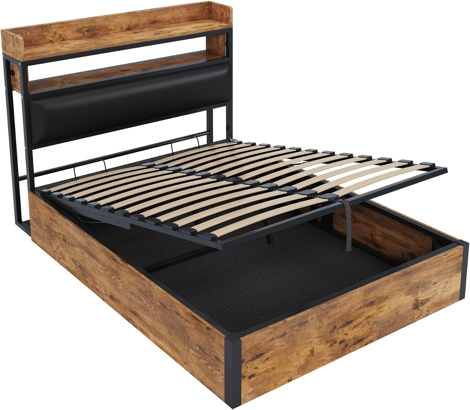 Merax Bettgestell 140x200, Hydraulisch Holzbett mit großem Stauraum, gepolstertem Kopfteil mit Ablage, USB-Ladeanschlüssen, Holz-Metall-Design, Schwarz (Ohne Matratze) — Ansicht 6