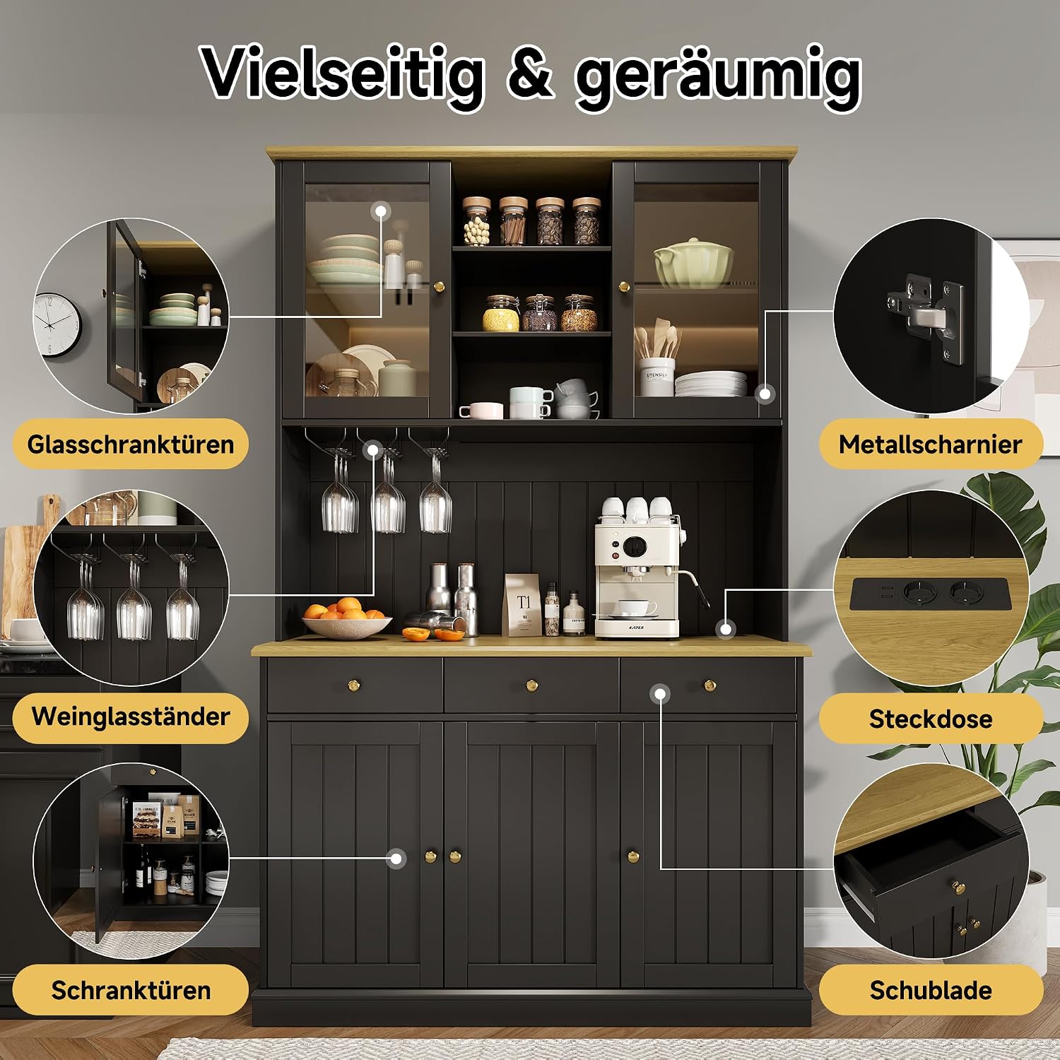 Merax Buffetschrank 120×40×191 cm, Esszimmer-Hochschrank mit Glastüren, Gläserhalter, mehrstufigem Stauraum, integrierter Steckdose sowie USB-A- und USB-C-Anschlüssen, Schwarz — Ansicht 3