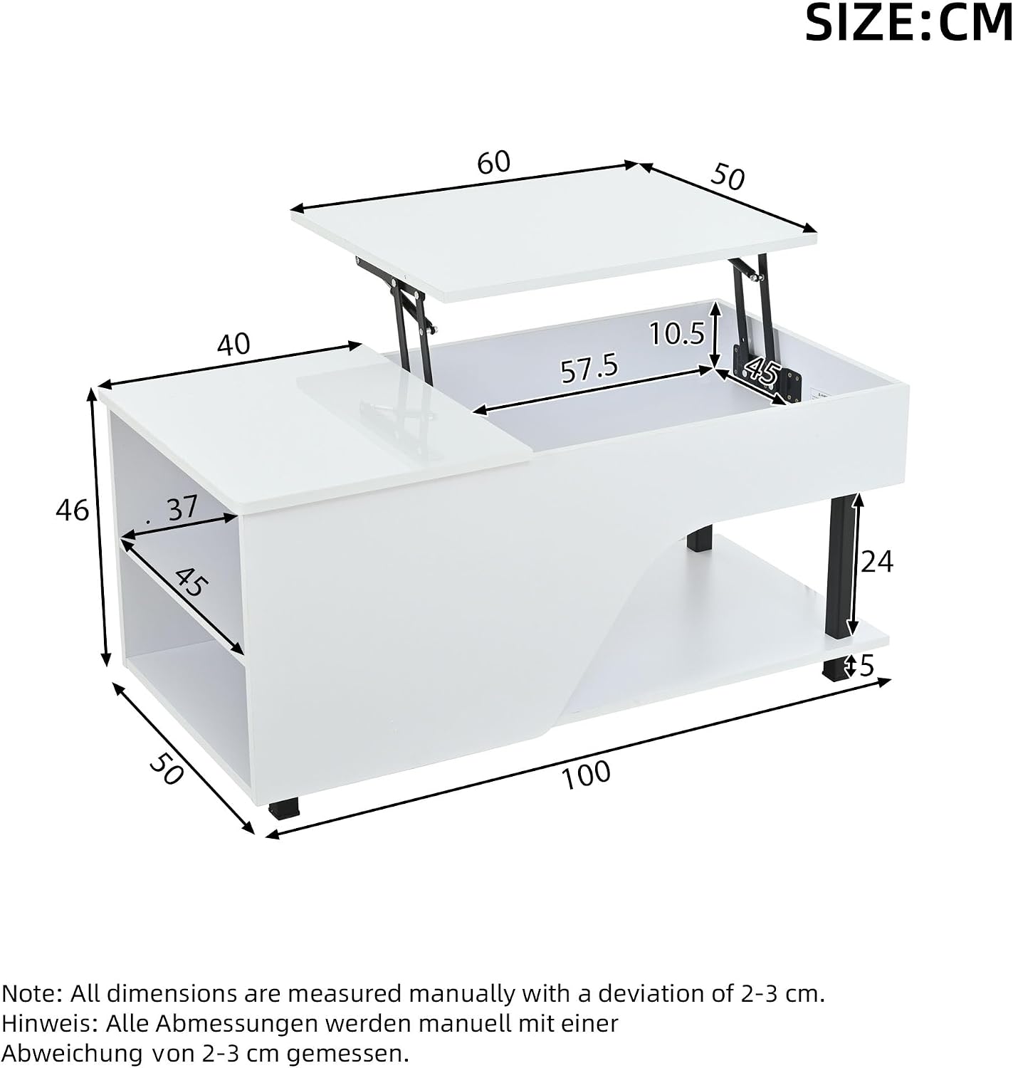 Merax Couchtisch Höhenverstellbar 100x50 cm, Couchtisch mit Stauraum, Wohnzimmertisch mit Verstecktem Fach und Verstellbaren Regalböden, Sofatisch Beistelltisch Modern, Weiß — Ansicht 2
