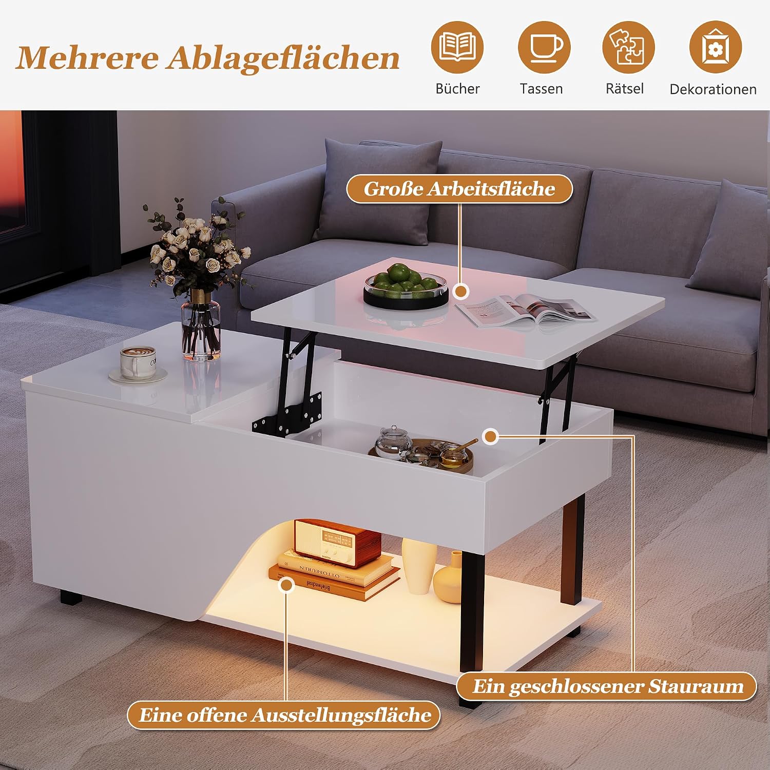 Merax Couchtisch Höhenverstellbar 100x50 cm, Couchtisch mit Stauraum, Wohnzimmertisch mit Verstecktem Fach und Verstellbaren Regalböden, Sofatisch Beistelltisch Modern, Weiß — Ansicht 5