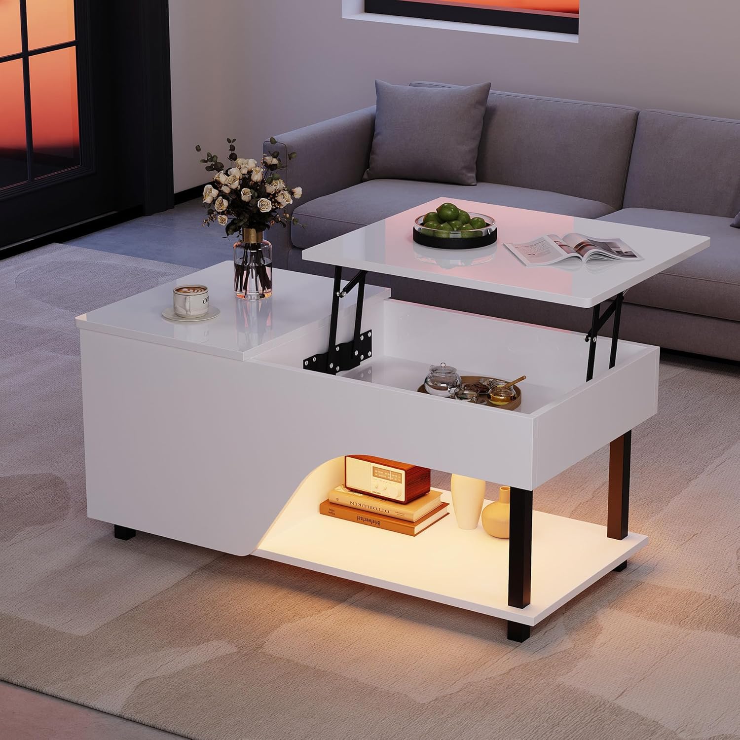 Merax Couchtisch Höhenverstellbar 100x50 cm, Couchtisch mit Stauraum, Wohnzimmertisch mit Verstecktem Fach und Verstellbaren Regalböden, Sofatisch Beistelltisch Modern, Weiß