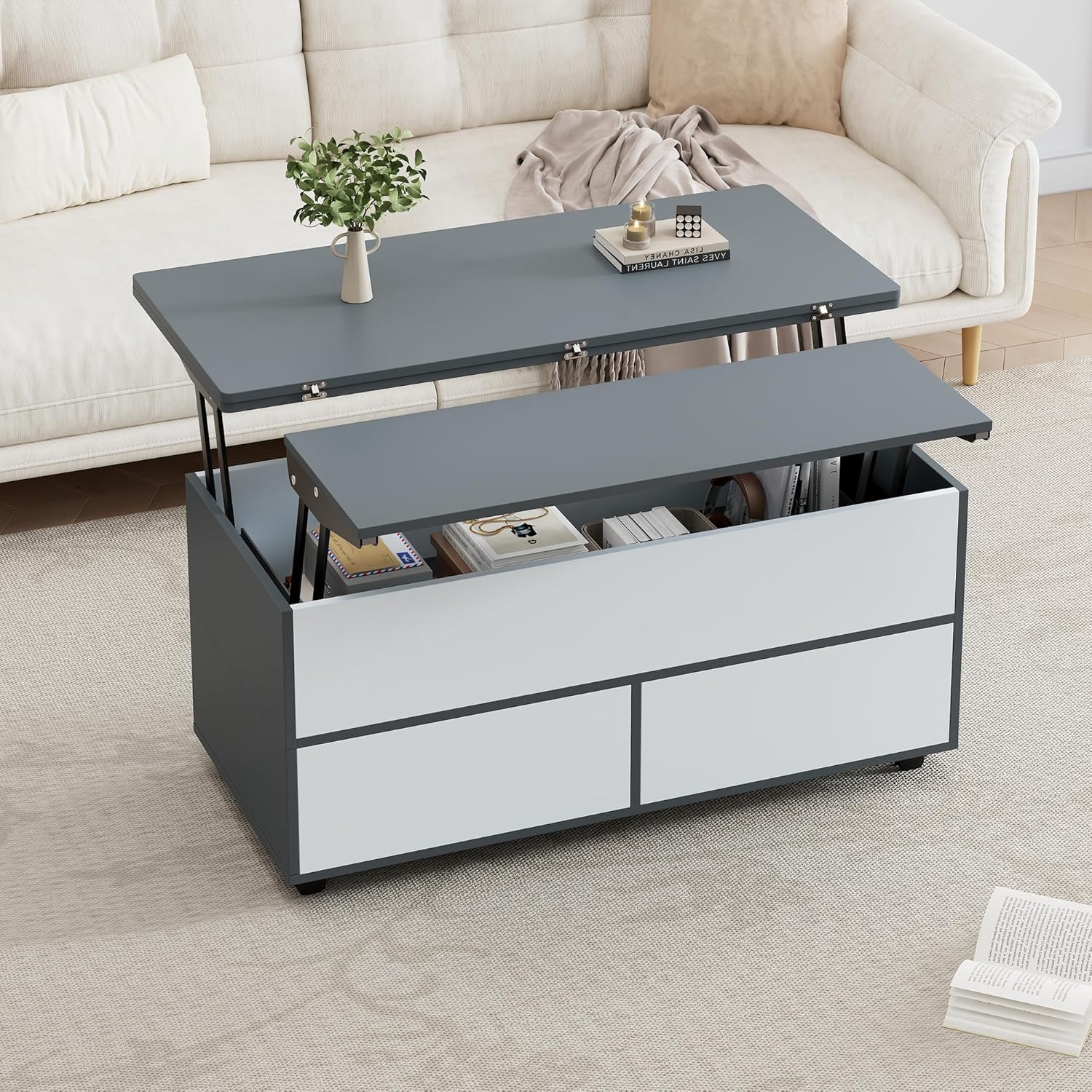 Merax Couchtisch, höhenverstellbarer Wohnzimmertisch, 3-in-1-Multifunktions-Kaffeetisch mit Verstecktem Stauraum & Schubladen & Rollen, Umwandelbar in Esstisch, Sofatisch für Homeoffice, Grau&Weiß — Ansicht 3