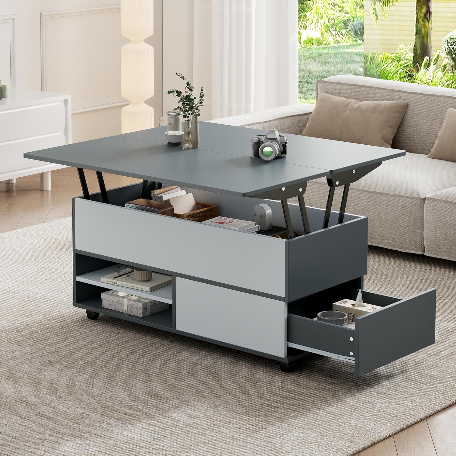 Merax Couchtisch, höhenverstellbarer Wohnzimmertisch, 3-in-1-Multifunktions-Kaffeetisch mit Verstecktem Stauraum & Schubladen & Rollen, Umwandelbar in Esstisch, Sofatisch für Homeoffice, Grau&Weiß