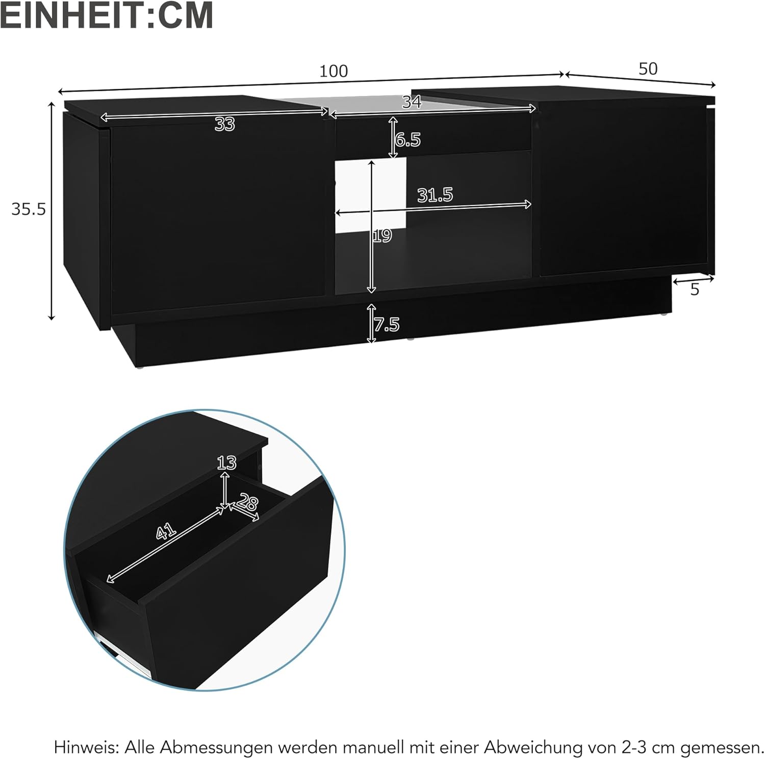Merax Couchtisch LED Hochglanz, Mitteltisch Teetisch für Wohnzimmer, Schwarz Wohnzimmertisch mit 2 Schubladen und offenes Fach, Rechteckiger Beistelltisch Sofatisch Kaffeetisch, für Schlafzimmer Büro — Ansicht 2