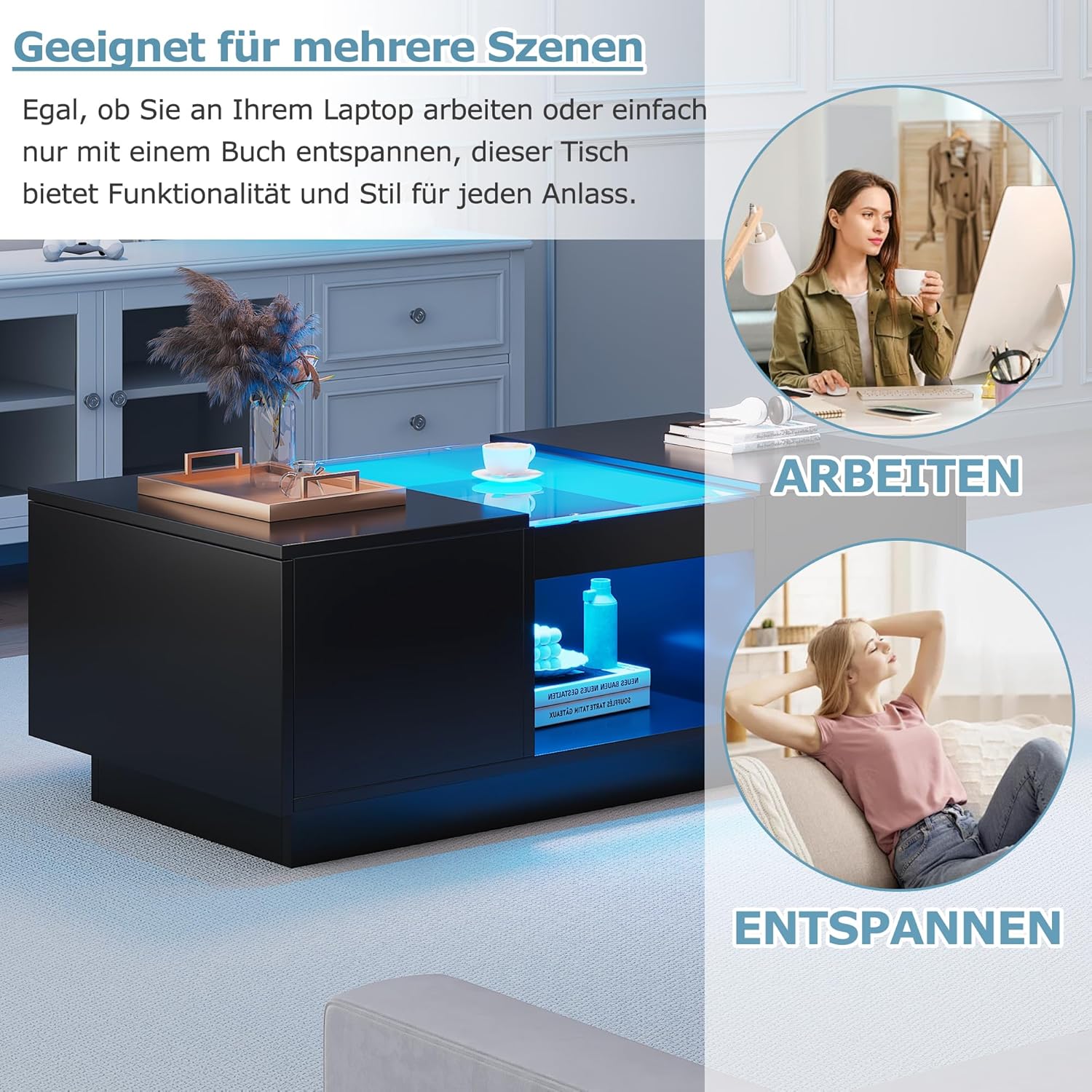 Merax Couchtisch LED Hochglanz, Mitteltisch Teetisch für Wohnzimmer, Schwarz Wohnzimmertisch mit 2 Schubladen und offenes Fach, Rechteckiger Beistelltisch Sofatisch Kaffeetisch, für Schlafzimmer Büro — Ansicht 4