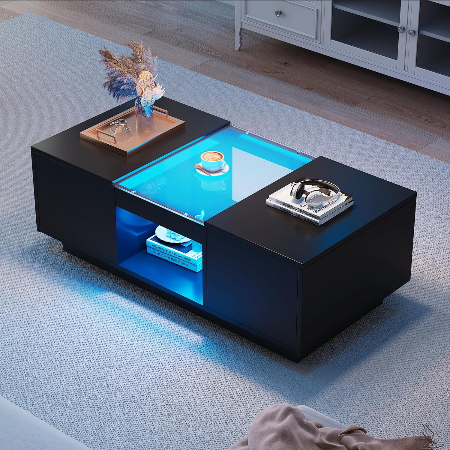 Merax Couchtisch LED Hochglanz, Mitteltisch Teetisch für Wohnzimmer, Schwarz Wohnzimmertisch mit 2 Schubladen und offenes Fach, Rechteckiger Beistelltisch Sofatisch Kaffeetisch, für Schlafzimmer Büro