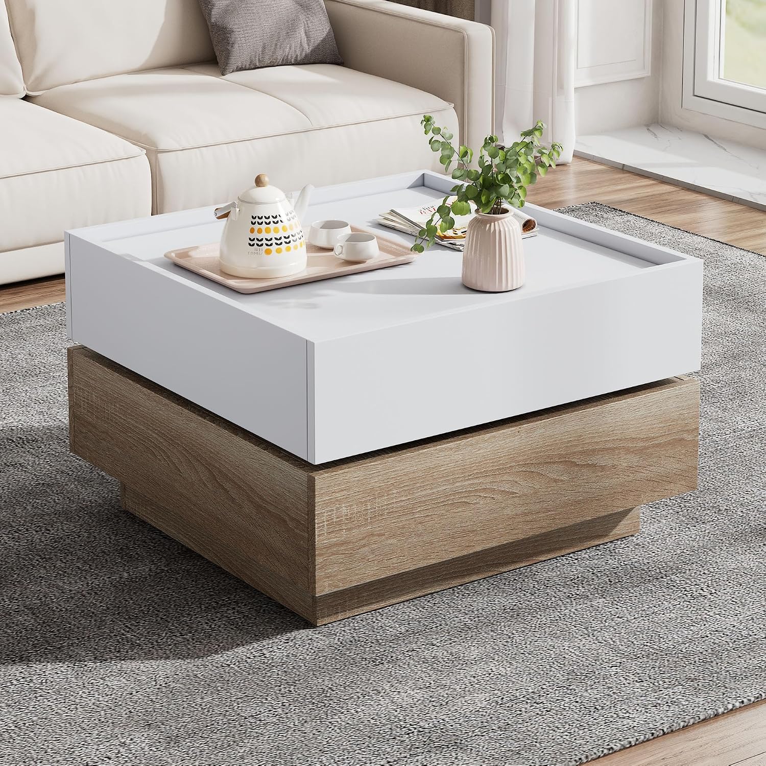 Merax Couchtisch quadratische, Moderner 360° drehbare Wohnzimmertisch mit 2 Schubladen, kreativer Sofatisch Kaffeetisch Beistelltisch Mitteltisch für Wohnzimmer Büro Schlafzimmer, Weiß & Walnuss — Ansicht 2